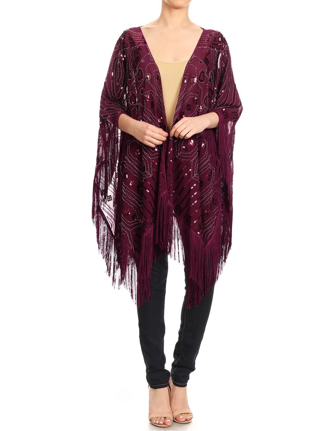 Anna-Kaci Women's Oversized Beaded Fringe Sequin Shawl Wrap - Elegant Evening Cover Up for Parties, Weddings & Special Occasions