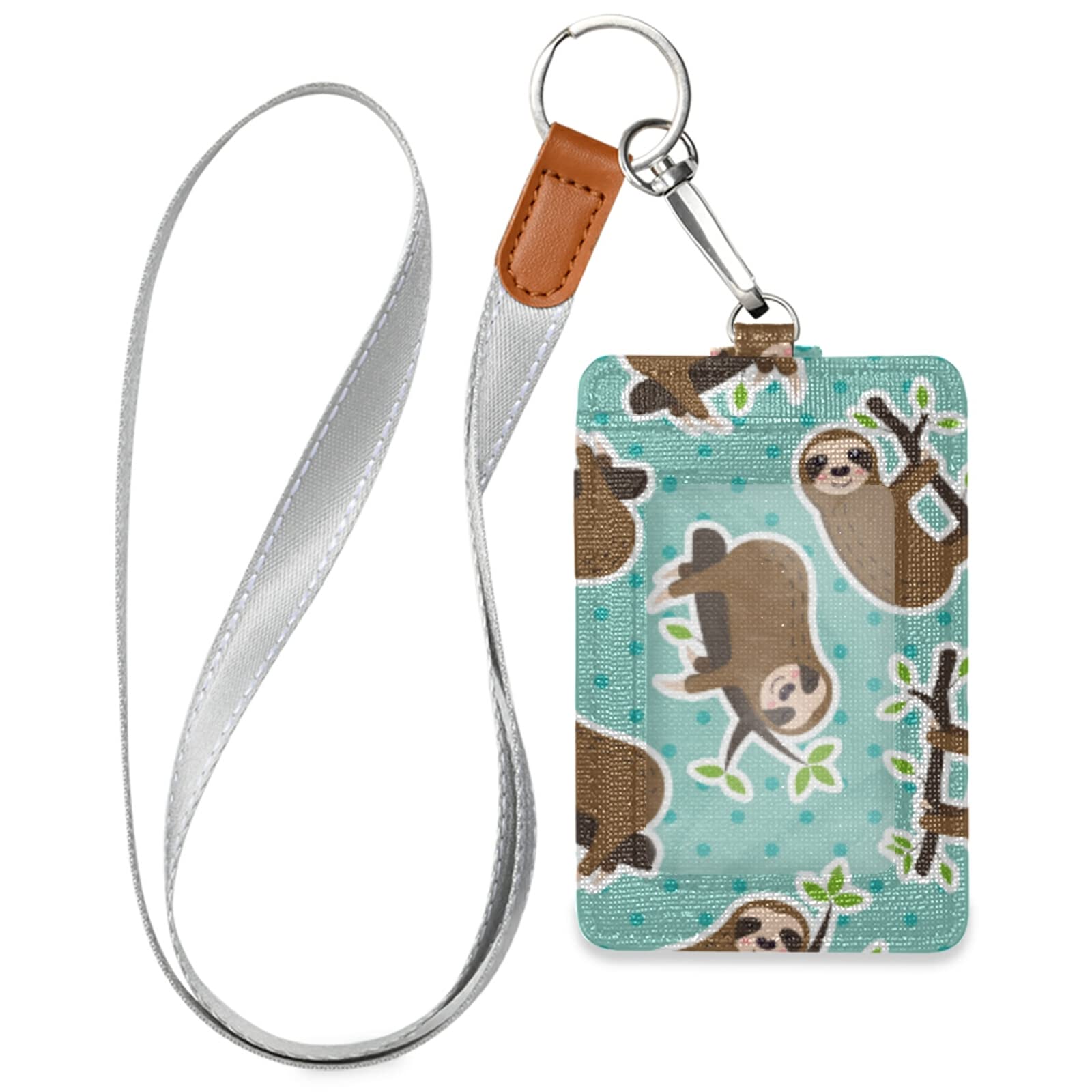 Sleeping Sloth Vertical Leather ID Badge Holder with Lanyard - Office & School Use