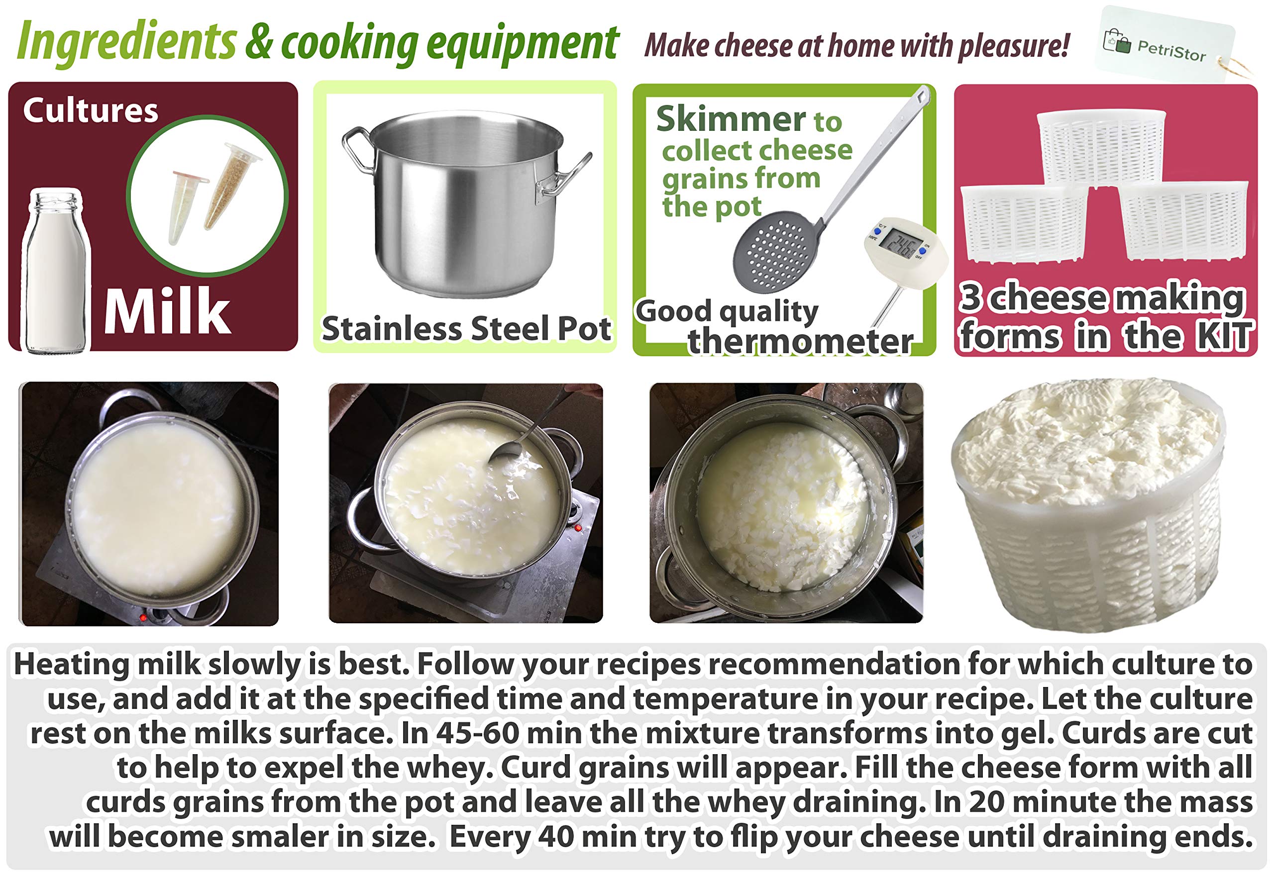PetriStor 3-Piece Soft Cheese Mold Set for Homemade Cheese Making - 1.25QT Medium Cheese Basket Mold - Cream Cheese & Queso Fresco Form - Perfect for DIY Artisan Cheesemaking at Home