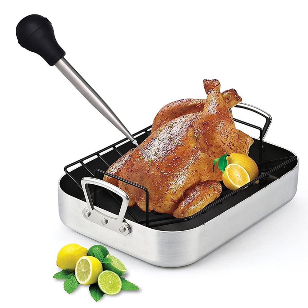 Professional Stainless Steel Turkey Baster Syringe with Cleaning Brush - Perfect for Oiling, Marinating Turkey, Beef, Pork & Fish - Essential Kitchen Tool for Thanksgiving, Grilling & Holiday Cooking