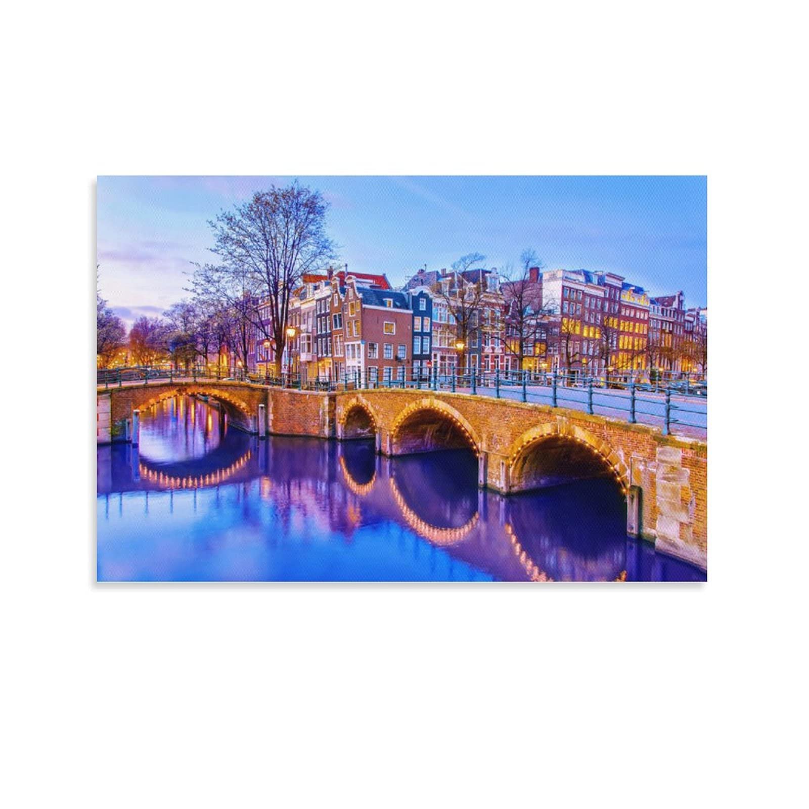 Amsterdam Night Canal View Canvas Print Poster - 20x30 Inch (50x75cm) Modern Wall Art for Living Room, Bedroom & Bathroom Decor - Landscape Wall Decor for Home & Office