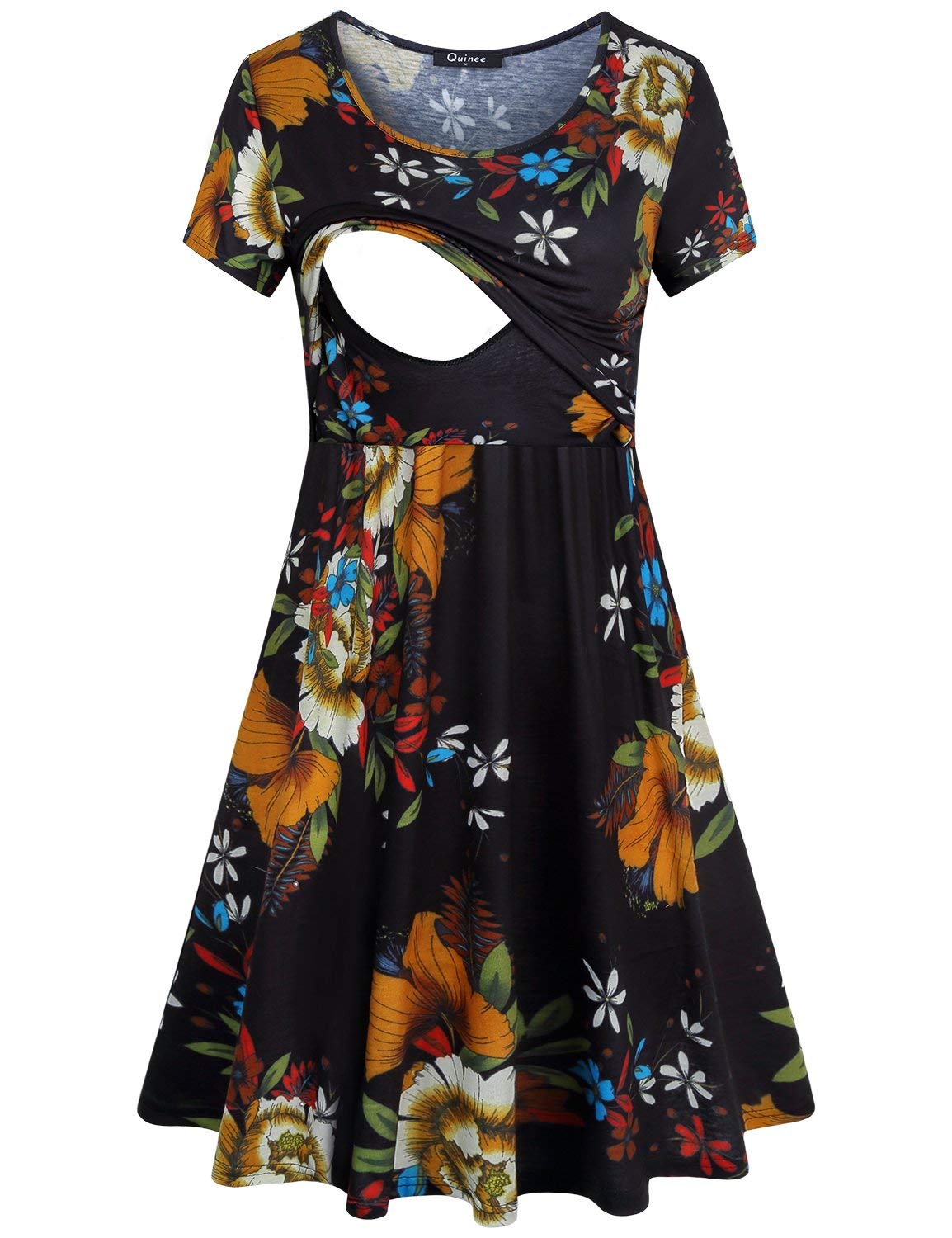 Quinee Women's Floral Short Sleeve Maternity Nursing Dress - Breastfeeding & Summer Pregnancy Dress for Casual Outings, Baby Showers & Nursing Comfort