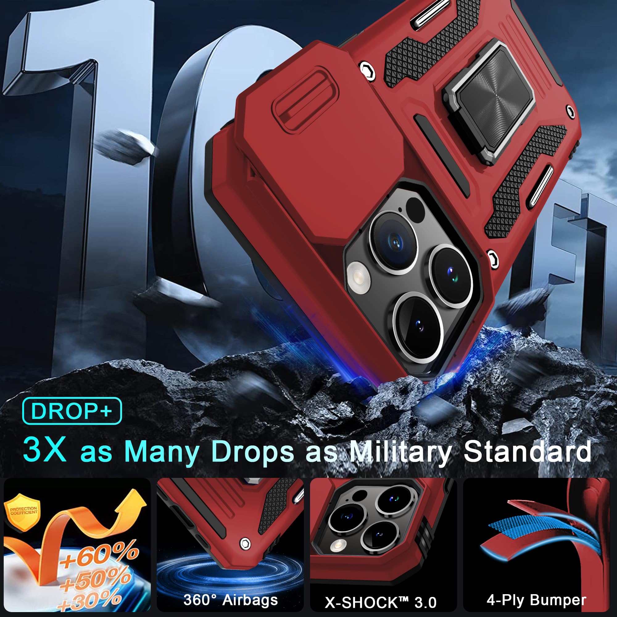 DEERLAMN iPhone 15 Pro Case with Slide Camera Cover & Screen Protector (6.1 Inch) - Military Grade Shockproof Protective Cover with Rotating Ring Kickstand - Red | Perfect for Outdoor Activities, Travel & Daily Protection