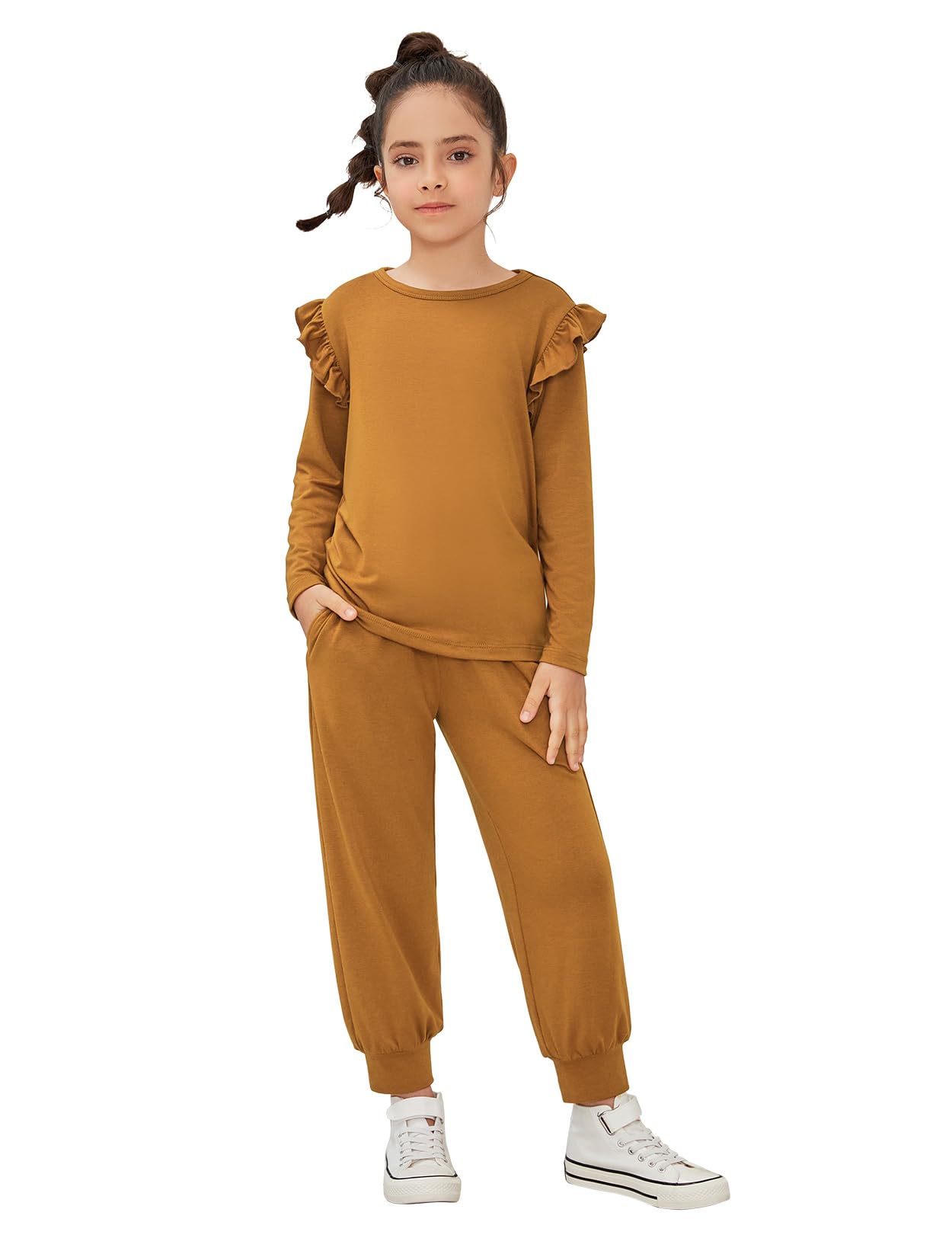 QPANCY Girls 2-Piece Tracksuit Set - Stylish Ruffle Pullover Sweatshirt & Comfortable Sweatpants Outfit for Kids | Perfect for School, Playdates & Casual Wear