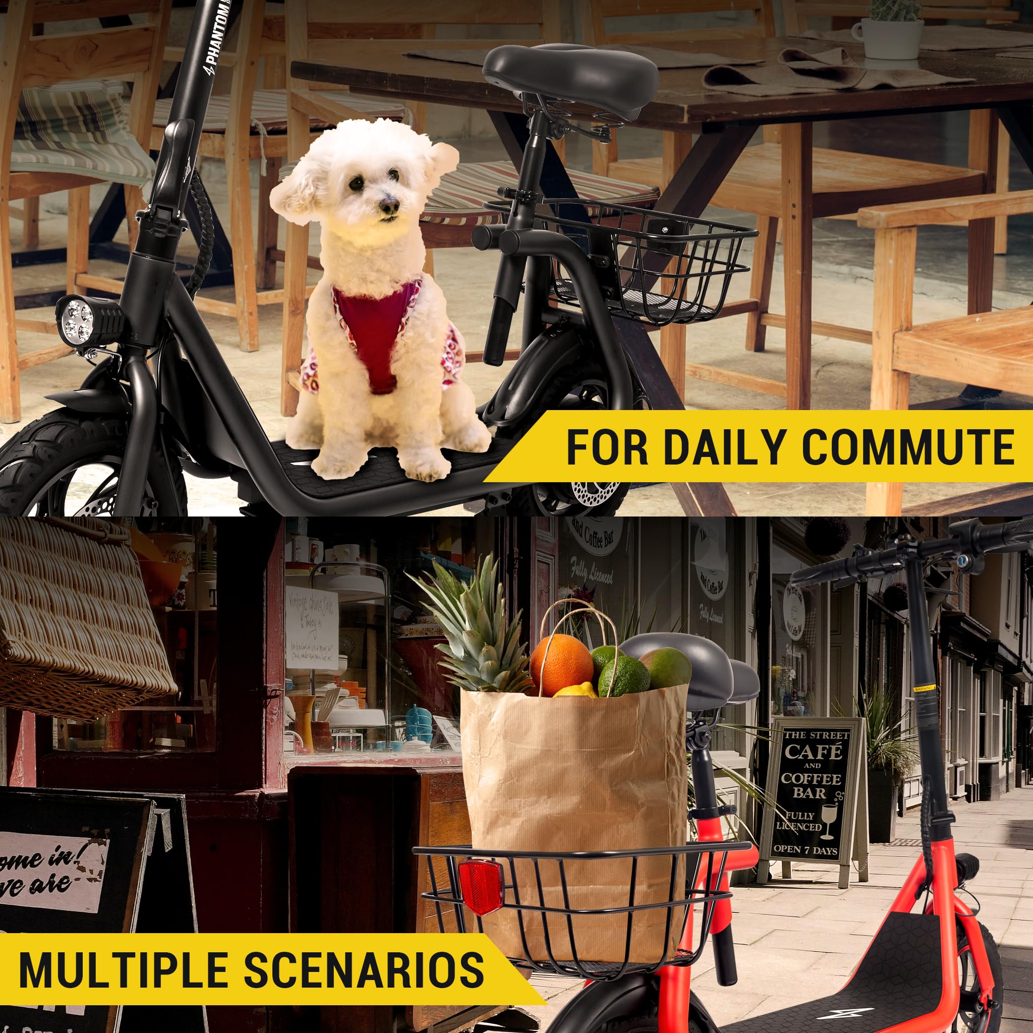 Phantomgogo Electric Scooter for Adults - Foldable Commuter E-Scooter with Seat, Carry Basket & 350W Brushless Motor, 15MPH Speed, 265lbs Weight Capacity - Perfect for Urban Commuting, Campus Travel & Last-Mile Transportation