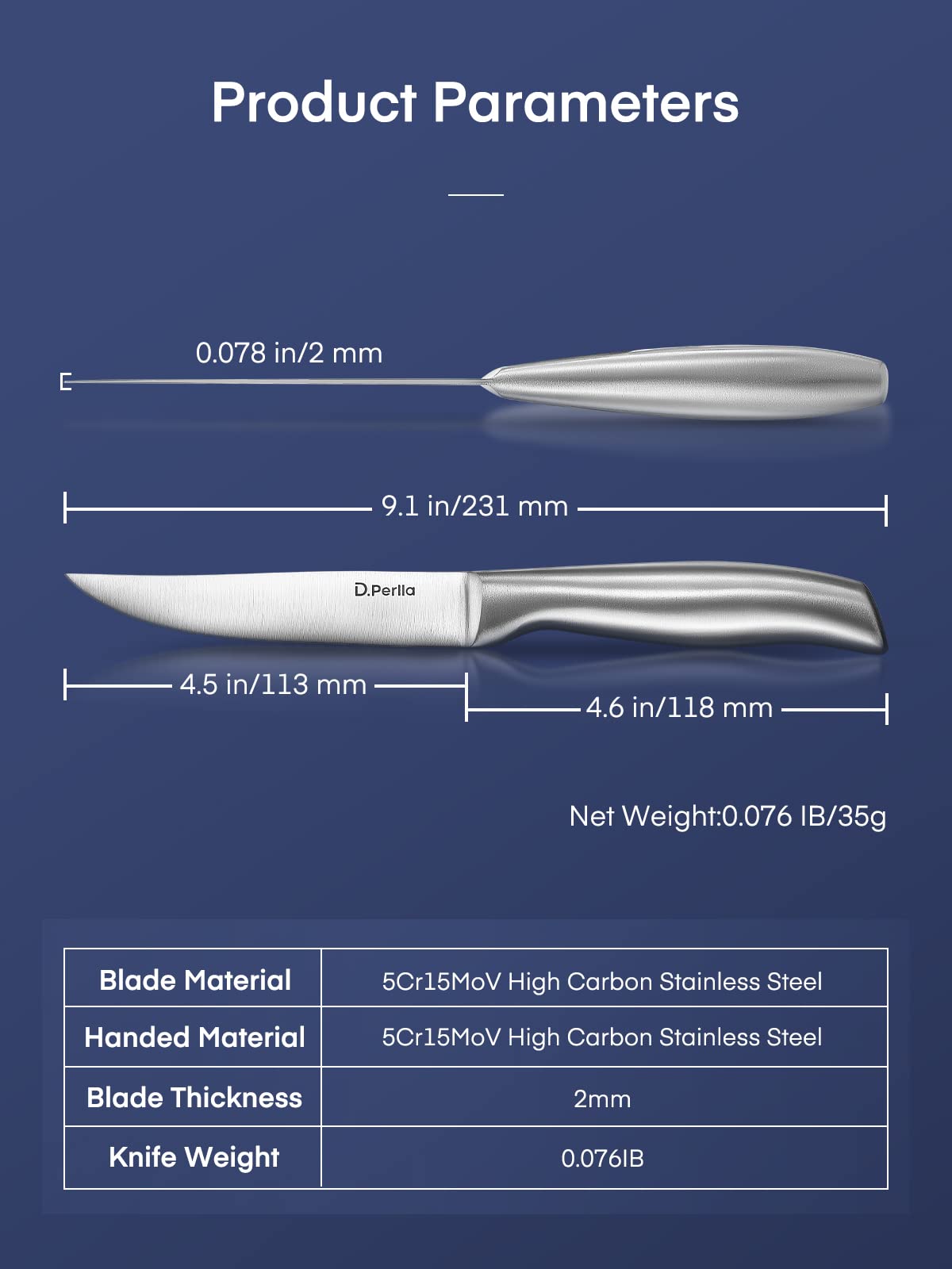 D.Perlla Premium 8-Piece Steak Knife Set - Ultra Sharp Straight Edge Blades, High Carbon Stainless Steel - Perfect for Steak Dinners, BBQ Parties & Fine Dining (4.5 Inch)