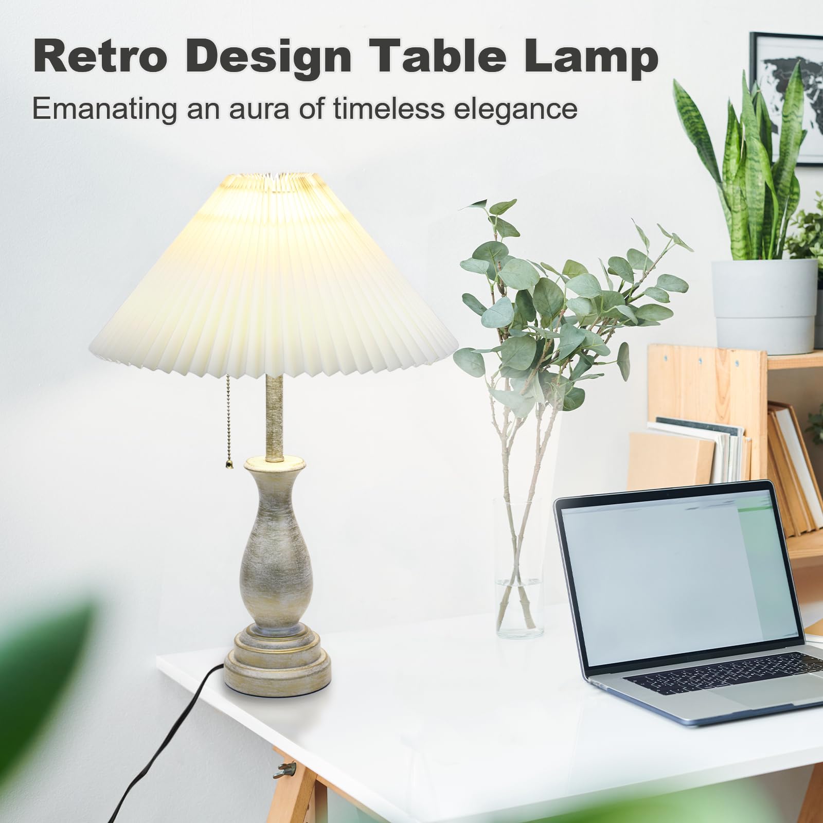 Farmhouse Table Lamp with Pull Chain Switch - 3-Way Dimmable Nightstand Lamp with Fabric Shade for Bedroom, Living Room & Hotel Decor | Modern Desk Lamp for Reading & Relaxation (Pack of 1, Foldable Lampshade)