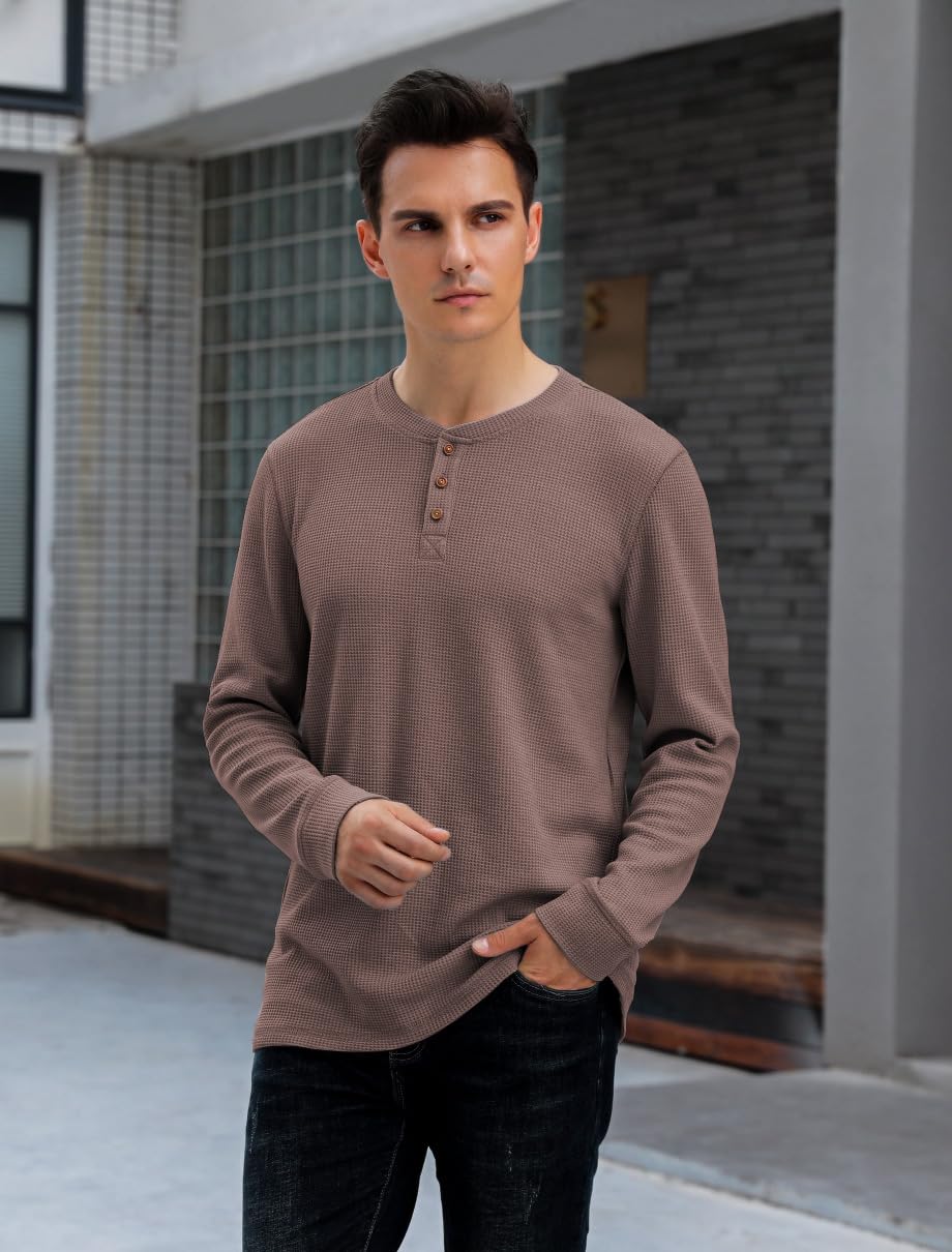 Men's Waffle Long Sleeve Henley Shirt - Soft Cotton Casual Button-Up Top for Fall & Winter | Perfect for Layering, Outdoor Activities & Everyday Wear