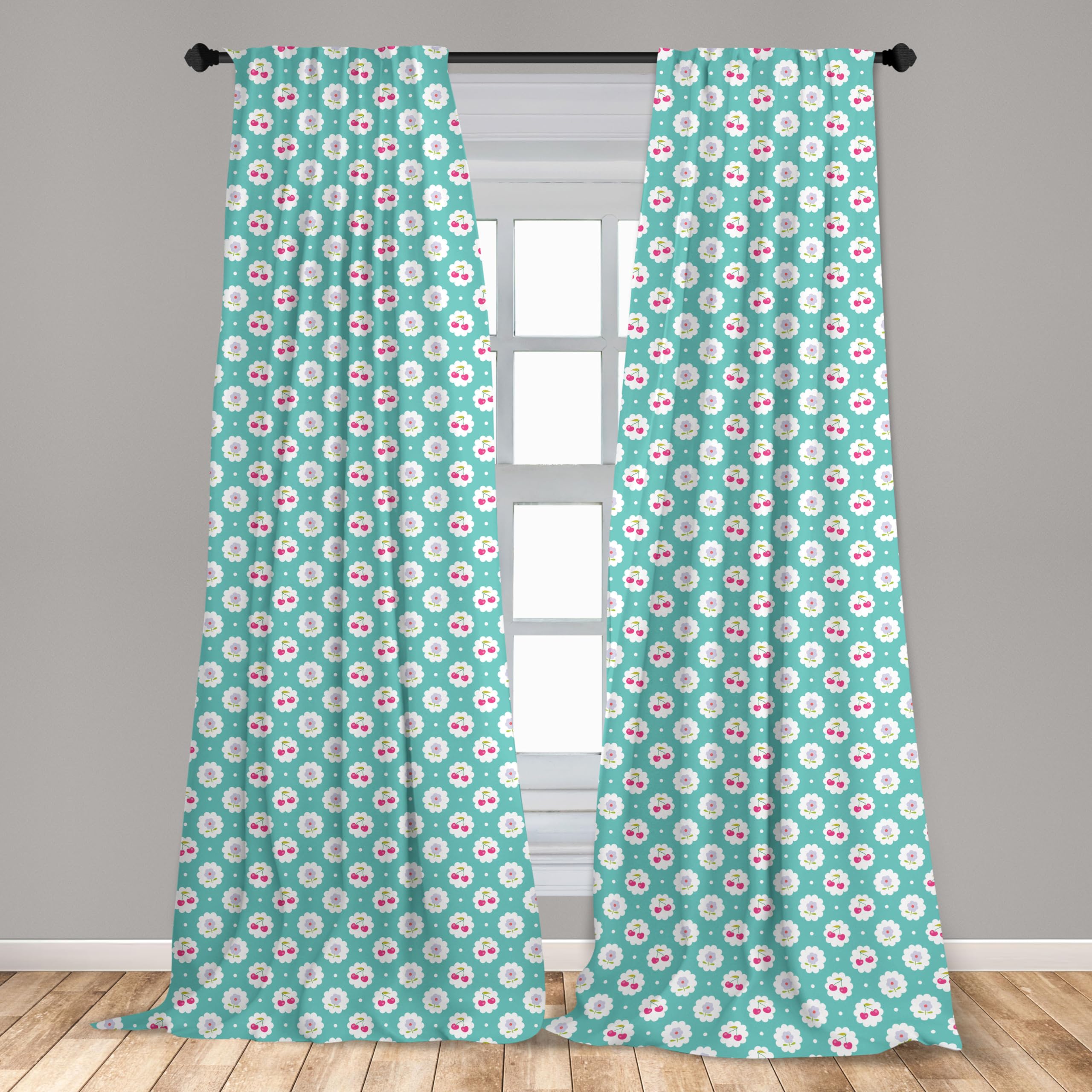 Ambesonne Seafoam Window Curtains - Abstract Cherry & Floral Dotted Design, Lightweight 2-Panel Set with Rod Pocket, 28