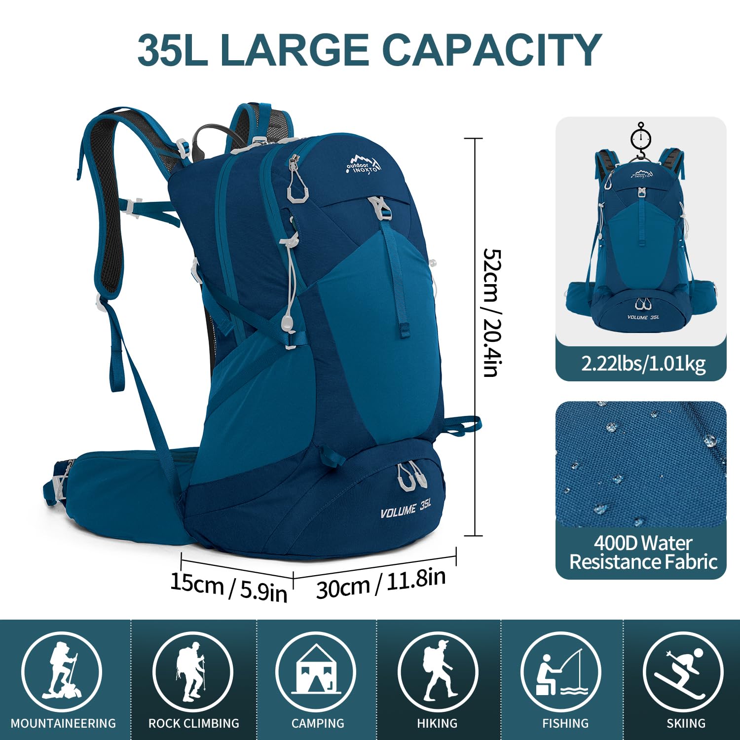 **35L Waterproof Hiking Backpack with 3L Hydration Bladder & Rain Cover - Lightweight Daypack for Men & Women - Perfect for Camping, Trekking & Outdoor Adventures (Blue)**