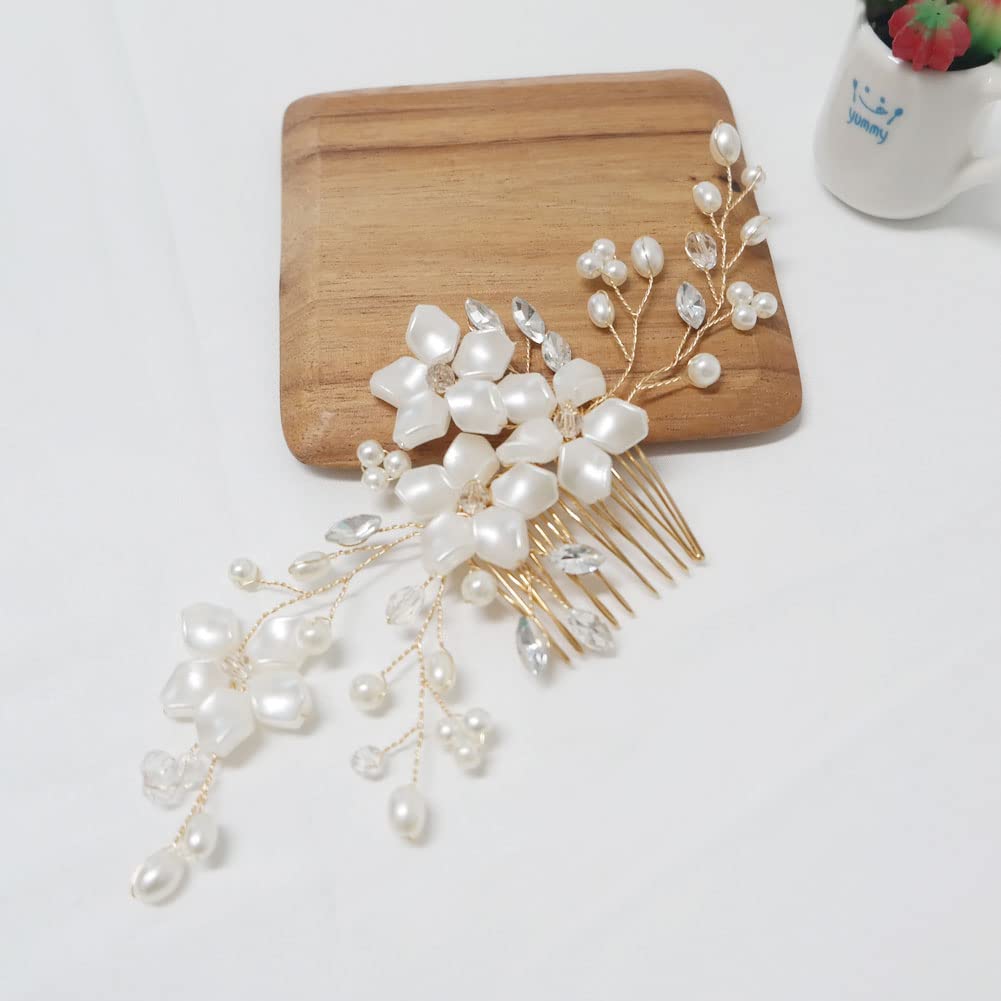 Elegant Pearl Rhinestone Silver Crystal Flower Leaf Vine Hair Comb Clip - Bridal Wedding Hair Accessories for Women & Girls (4flower_gold) | Perfect for Bridal Parties, Prom, Pageants & Special Occasions