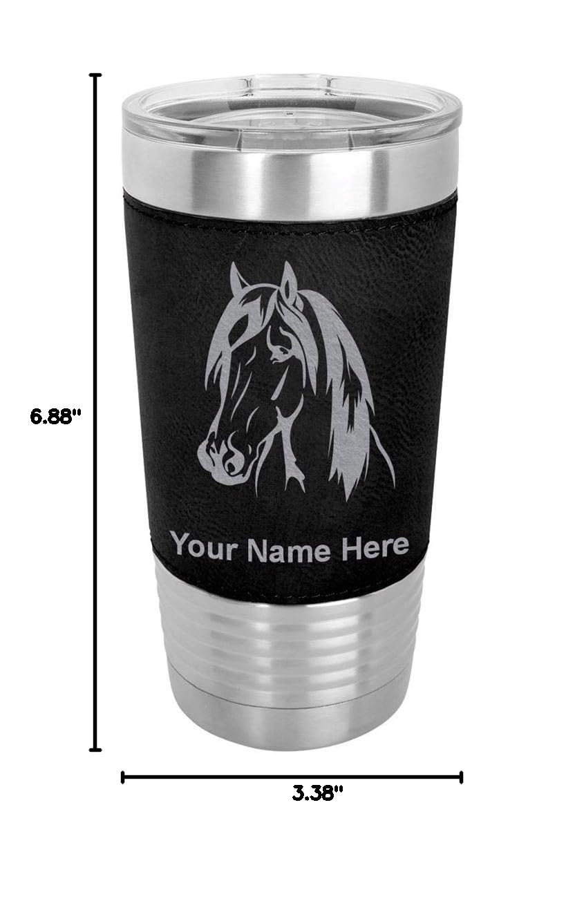 LaserGram 20oz Vacuum Insulated Stainless Steel Tumbler Mug with Horse Head Design - Personalized Engraving, Faux Leather Wrap & Leakproof Lid - Perfect for Coffee, Tea, Iced Drinks at Home, Office or Travel (Black)