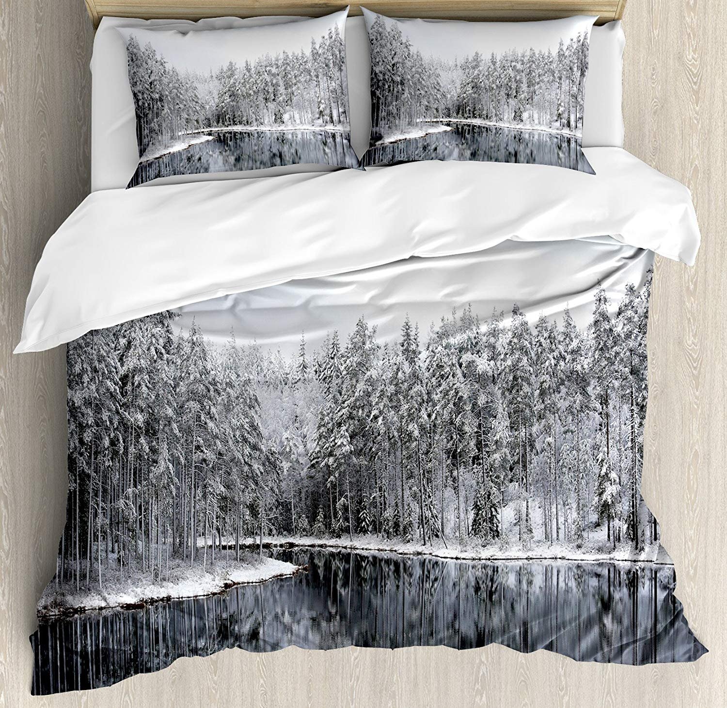 3 Piece Twin Size Woodland Themed Bedding Set - Duvet Cover with Zipper Closure & 2 Pillow Shams - Nordic Winter Lake Forest Design - Perfect for Cozy Cabin Retreats & Nature-Inspired Bedrooms