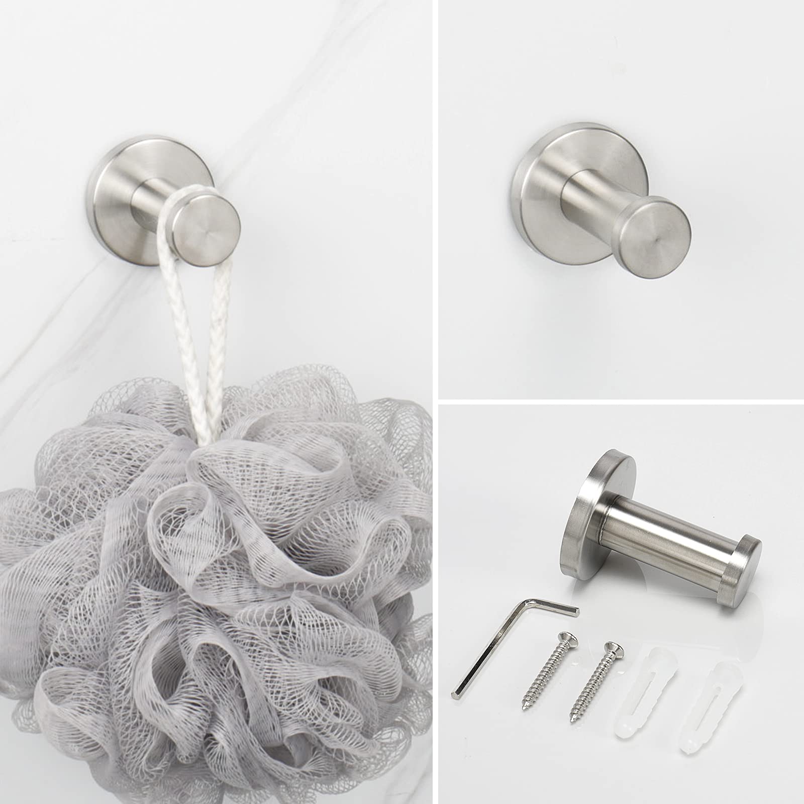 NearMoon 4-Piece Bathroom Hardware Set - Brushed Nickel Stainless Steel Wall Mounted Towel Ring, Toilet Paper Holder & 2 Robe Hooks | Complete Bath Accessories for Modern Home & Luxury Hotel Style Bathrooms