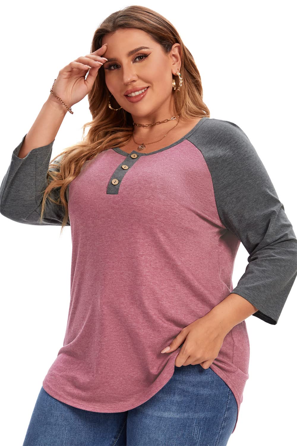 Plus Size Summer Tops for Women - 3/4 Sleeve V-Neck Button Down Blouses - Comfortable & Stylish Casual Wear for Office, Beach & Outdoor Activities
