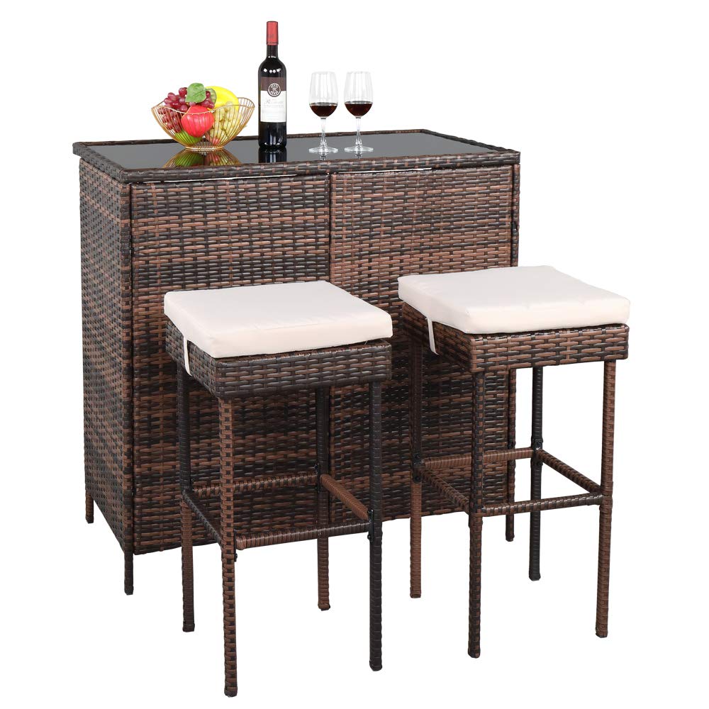 HomVent 3-Piece Outdoor Wicker Bar Table Set - PE Rattan Bar Height Table with 4 Stools, Steel Frame & Glass Top - Perfect for Patio, Poolside, Lawn, Backyard & Garden Entertaining
