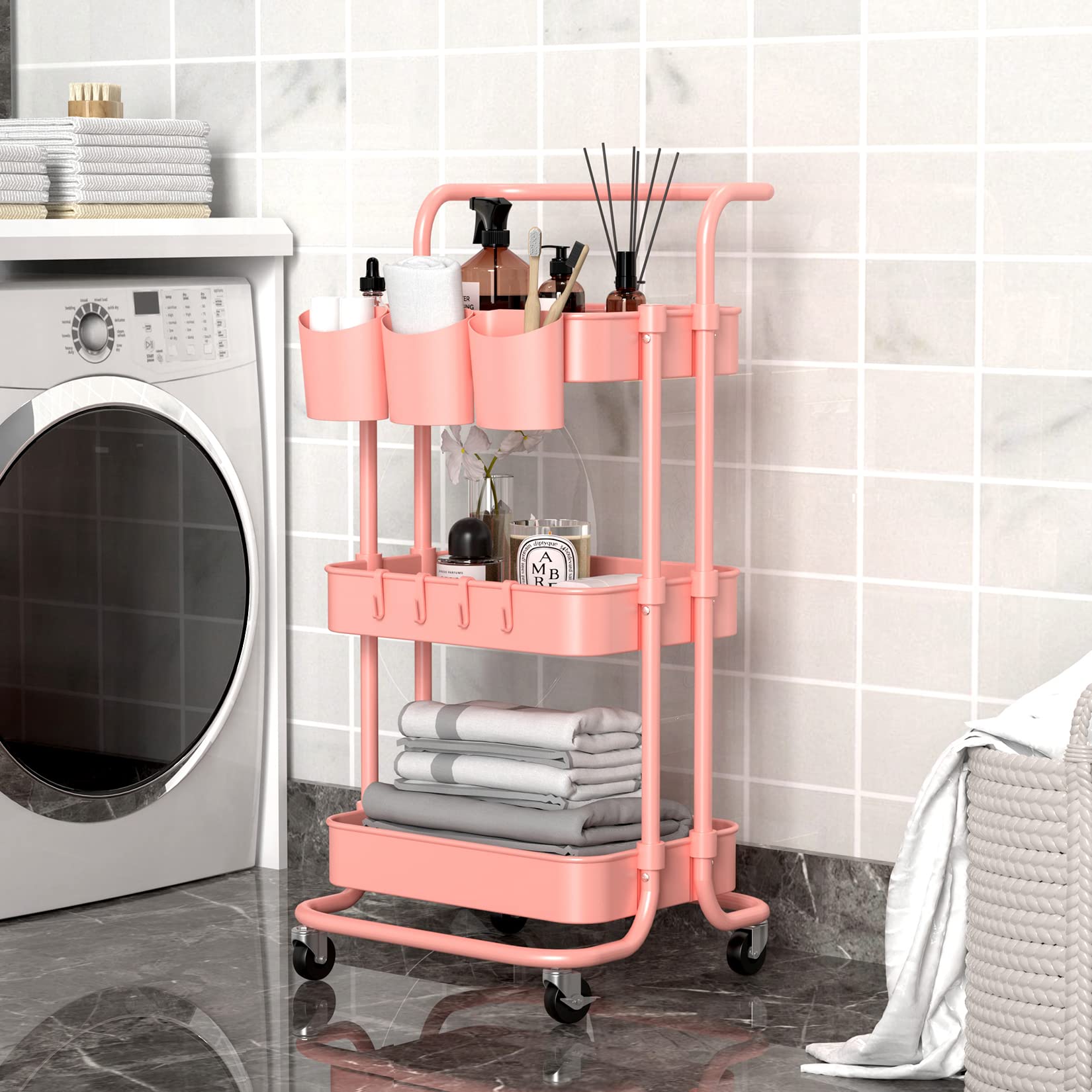 ALVOROG 3-Tier Rolling Utility Cart with Wheels - Mobile Storage Organizer with Hanging Cups for Kitchen, Office, Coffee Bar, Salon & Bathroom - Pink Multi-Purpose Service Cart for Home & Commercial Use