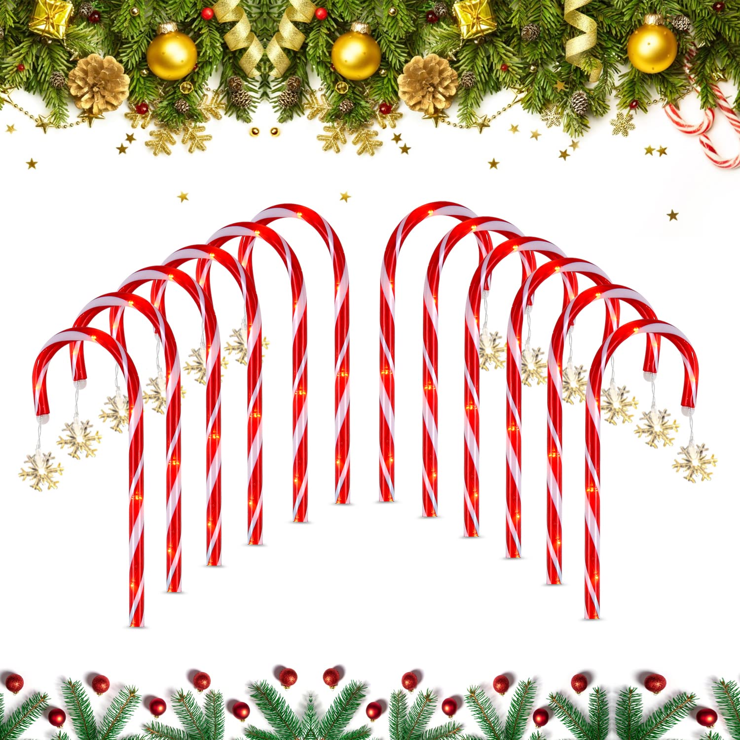 18.9 Inch Outdoor Solar Christmas Candy Cane Pathway Markers Lights - Set of 12 Pcs Holiday Decorations for Yard, Patio & Garden | LED Snowflake Design | Weatherproof & Energy Efficient | Perfect for Christmas, Xmas Party & Winter Festival Decor