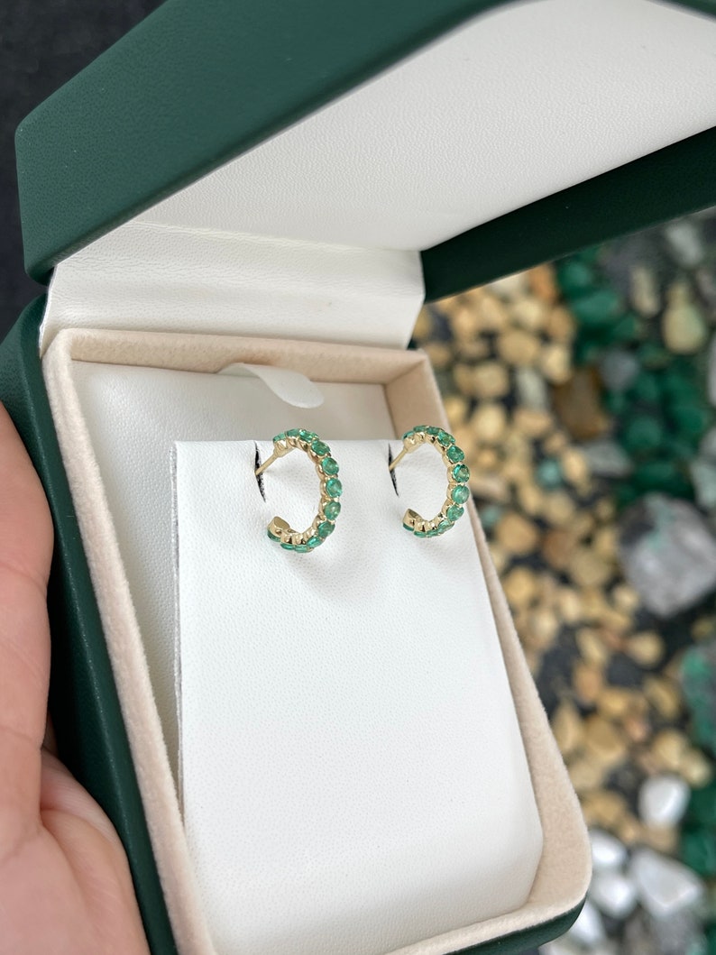 1.50tcw 14K Gold Medium Green Round Cut Emerald Prong Set Half Hoop Huggie Earrings for Women - Elegant Everyday Jewelry Gift for Her, Perfect for Parties, Weddings & Special Occasions