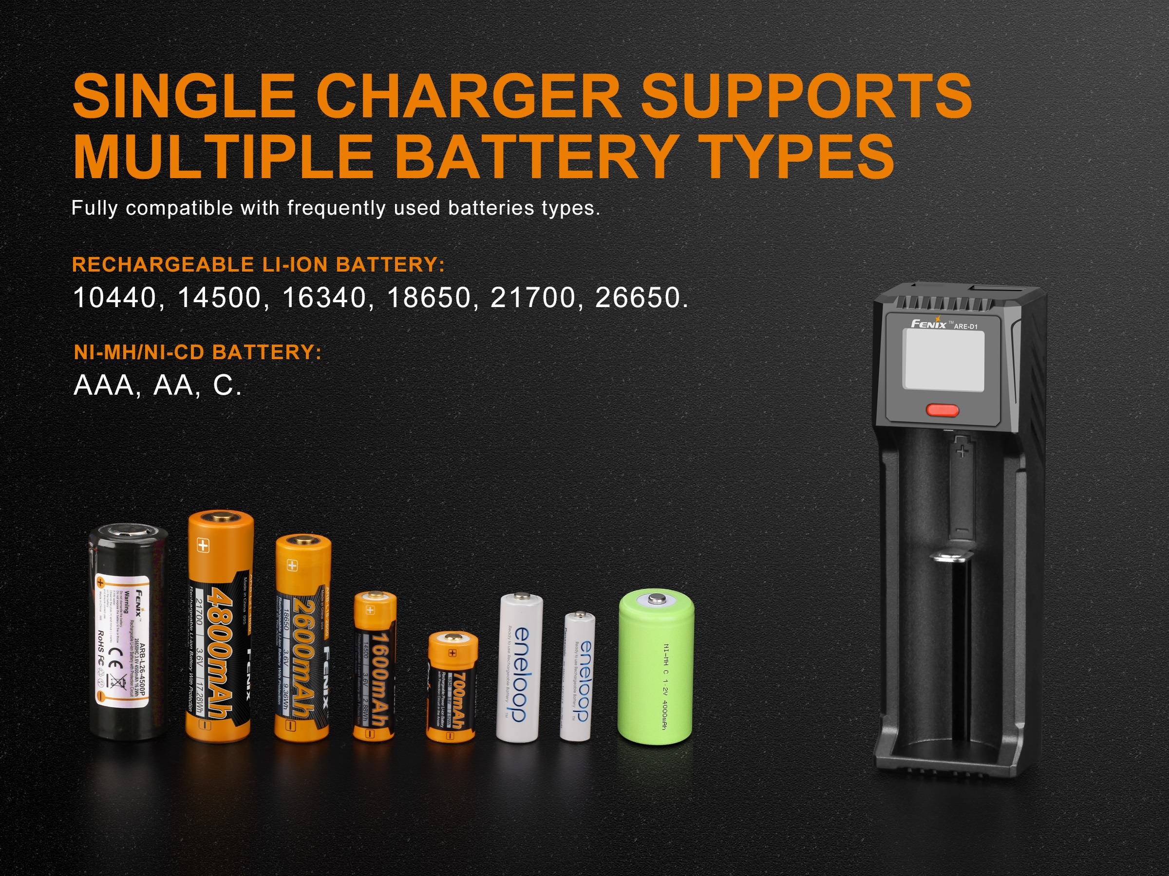 Fenix ARE D1 Single Channel Smart Battery Charger - Fast & Safe Charging for AA AAA NiMH NiCd Batteries - Perfect for Home, Office, and Travel Use