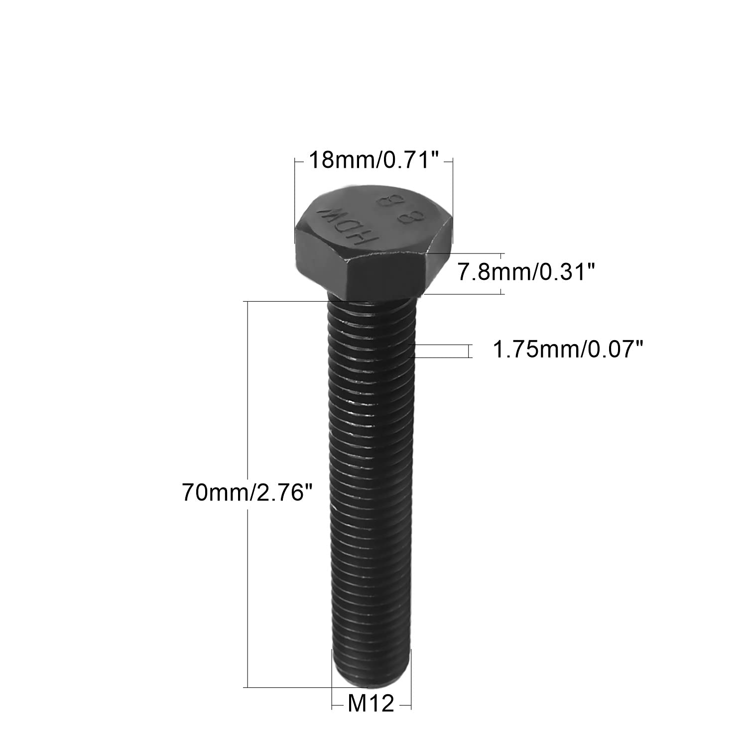 2PCS M12x70mm Hex Head Screw Bolts - Carbon Steel Fully Threaded Black Fasteners (1.75mm Pitch) - Ideal for Automotive, Machinery & DIY Projects