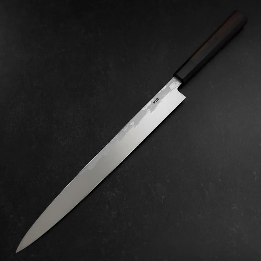 Premium Yanagiba Sushi Knife - Blue Steel #1 Suminagashi Blade with Buffalo Ebony Handle & Sheath (330mm) - Perfect for Sushi Chefs & Japanese Cuisine Lovers