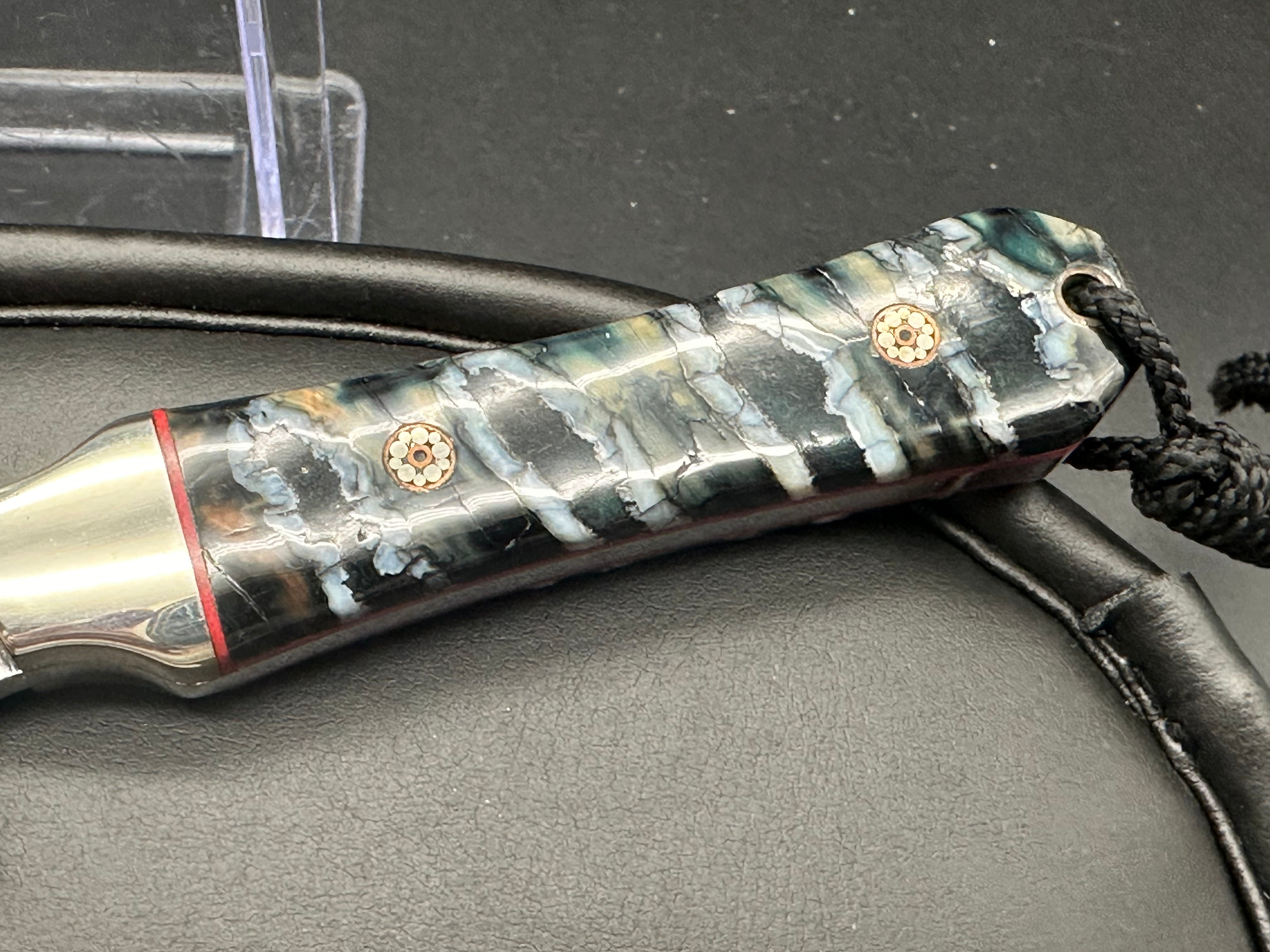 Custom Jay Higgins Neck Knife with Mammoth Tooth Scales & Ladder Damascus Blade – Perfect for Outdoor Adventures, Hunting, and Survival Gear
