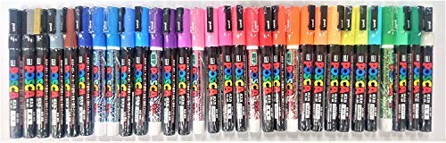 Uni Posca Fine Point Paint Marker Pen Set - 31 Colors (24 Standard & 7 Glitter) with Original Vinyl Case | Perfect for DIY Crafts, Art Projects, Bullet Journaling & Home Decor