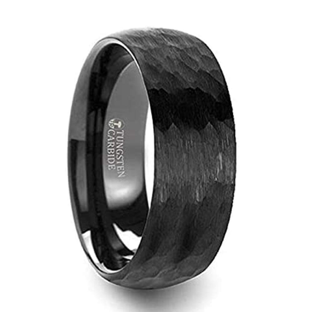 Thorsten Jewelry Renegade Domed Hammer Finish Black Tungsten Carbide Wedding Band - 8mm Brushed Finish Ring for Men | Perfect for Weddings, Anniversaries & Everyday Wear