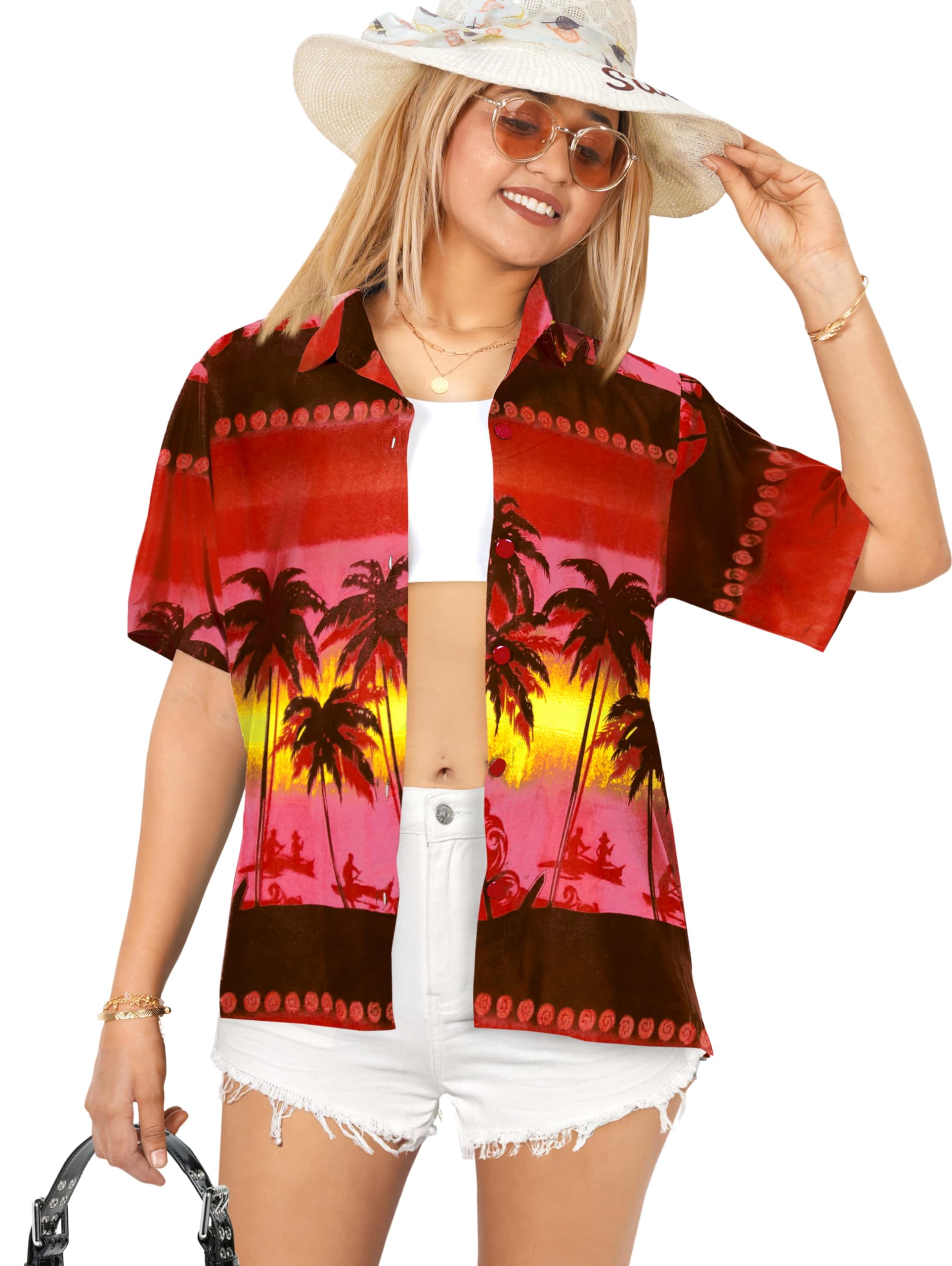 LA LEELA Women's Short Sleeve Hawaiian Shirt - Tropical Floral Beach Blouse for Vacation, Summer Outfits & Casual Wear