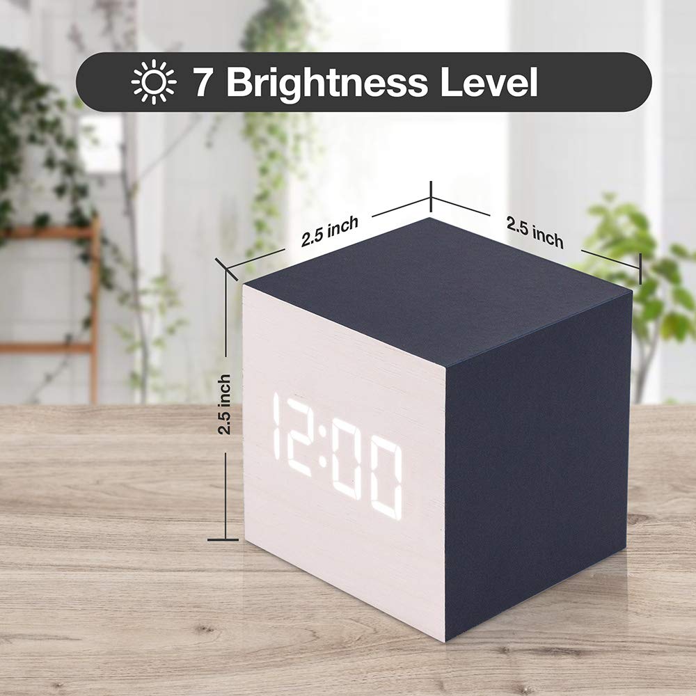 Wooden LED Digital Alarm Clock with Thermometer, Timer & Calendar - Bright Blue Display for Bedroom, Office, and Travel