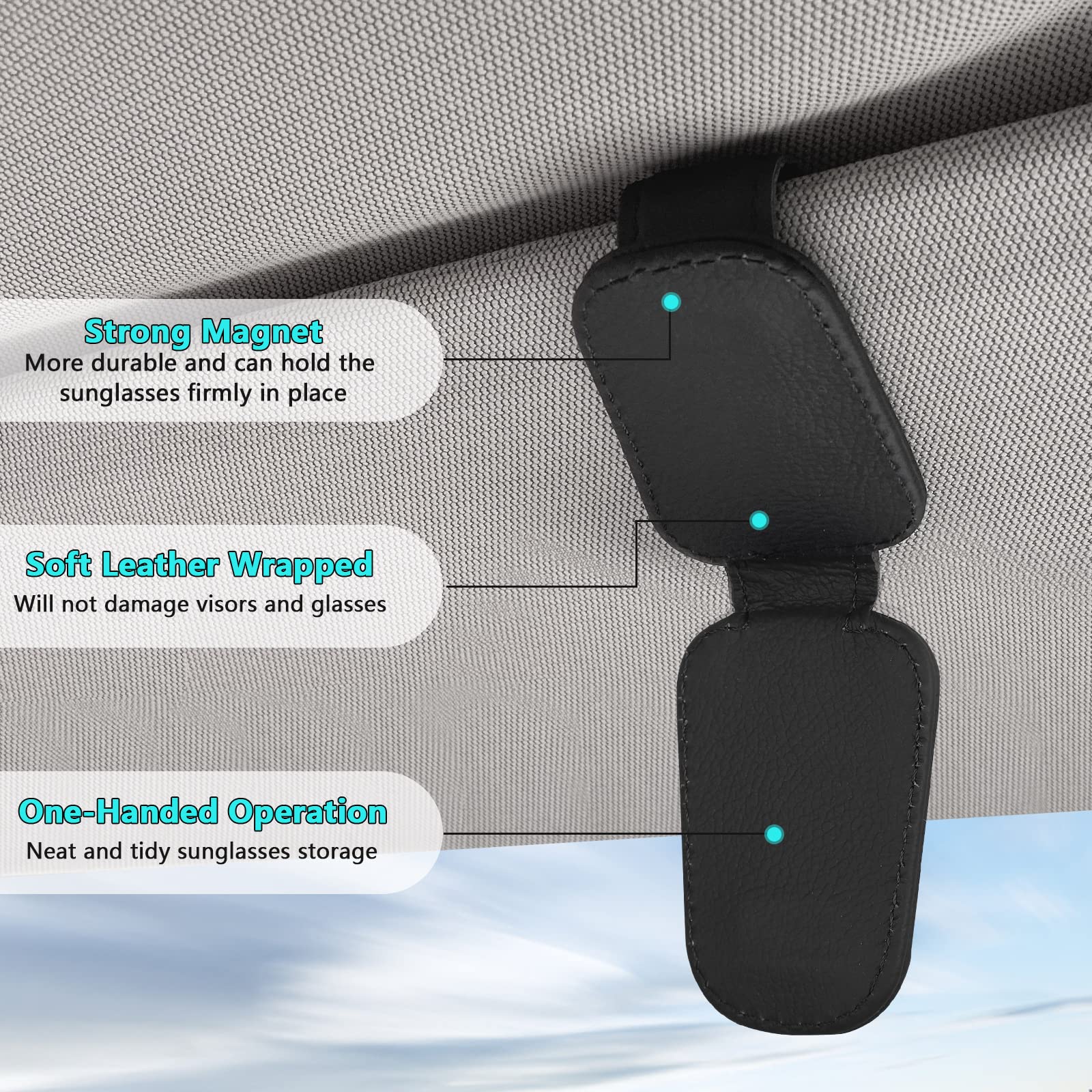 2 Pack Magnetic Leather Sunglass Holder for Car Visor - Black Eyeglass Hanger Clip Organizer | Perfect for Driving, Road Trips & Daily Commute