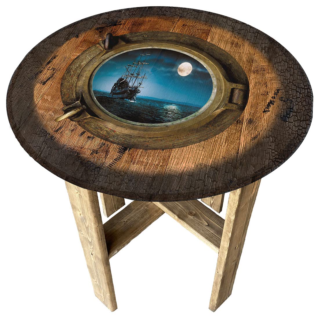 Rustic Round Whiskey Barrel End Table - Pirate Ship Themed Pub Decor, Farmhouse Gift Idea for Home & Bar Use | Perfect for Living Room, Man Cave, or Tavern Style Decor