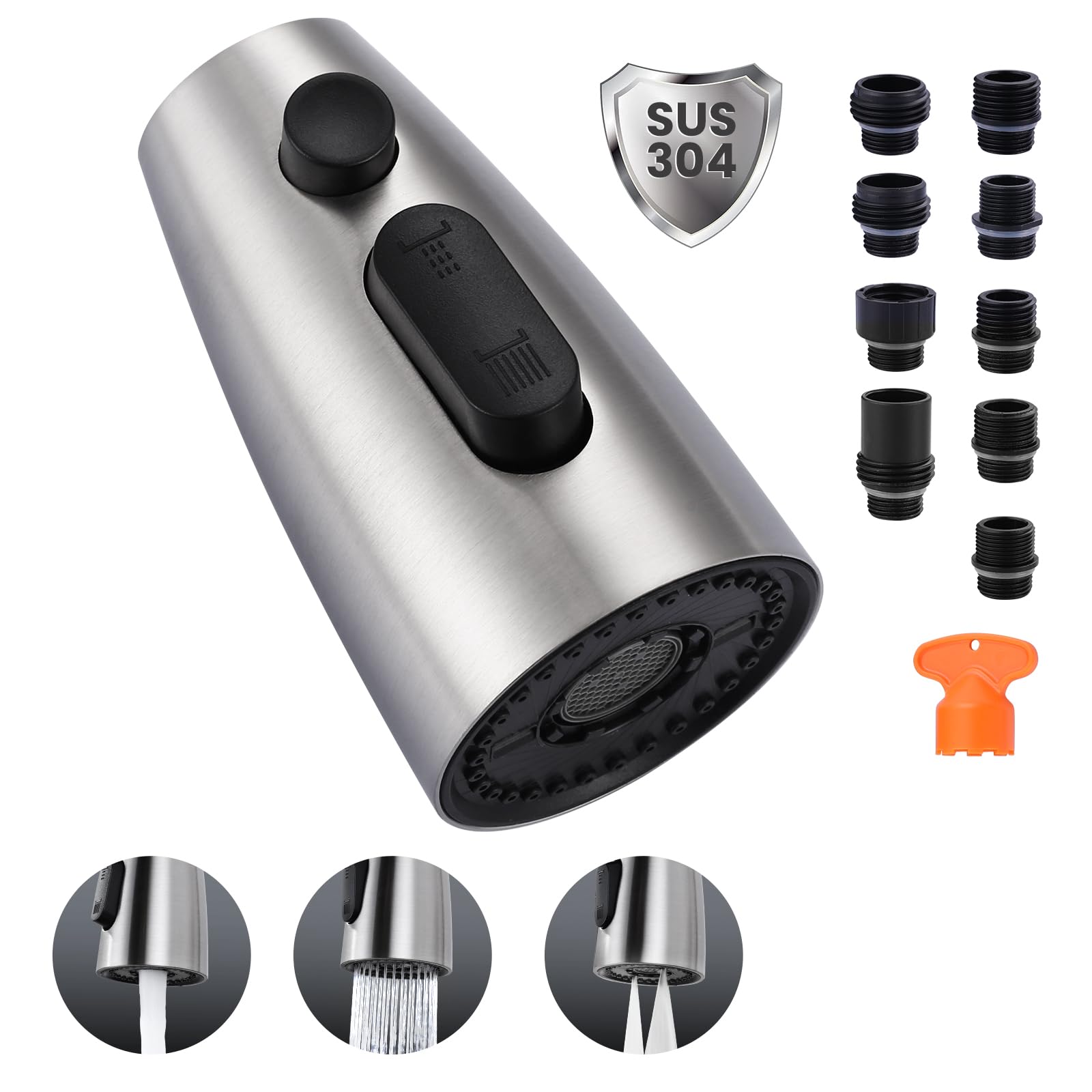 Stainless Steel Kitchen Faucet Head Replacement - 3 Mode Pull Out Spray Nozzle with 9 Adapters, Compatible with Moen Kohler Delta G1/2 Faucets (Brushed Nickel) - Perfect for Kitchen Sink Upgrades & Dishwashing
