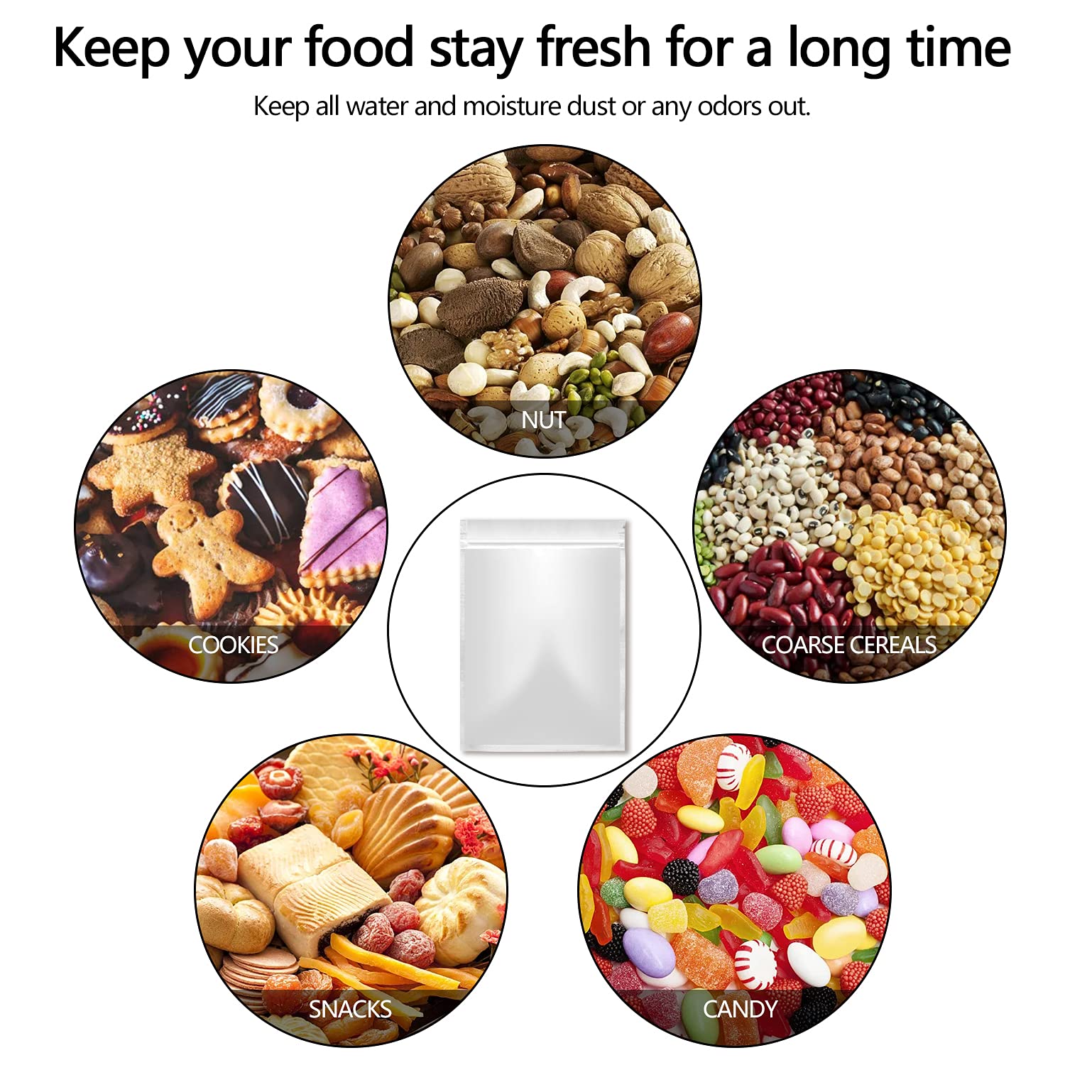 100 Pack 6x9 Inch Mylar Bags for Food Storage - Resealable Smell Proof Bags with Clear Window | Aluminum Foil Packaging Pouch | Great for Emergency Food, Camping, Vacuum Sealing & Long Term Storage (Silver)
