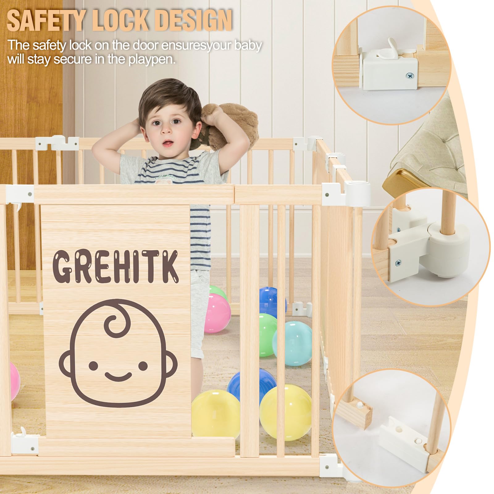 Foldable Wooden Baby Playpen with Locking Door - Adjustable Shape & Size Safety Play Yard for Babies & Toddlers - Perfect for Indoor Play Areas, Daycare Centers & Home Childproofing