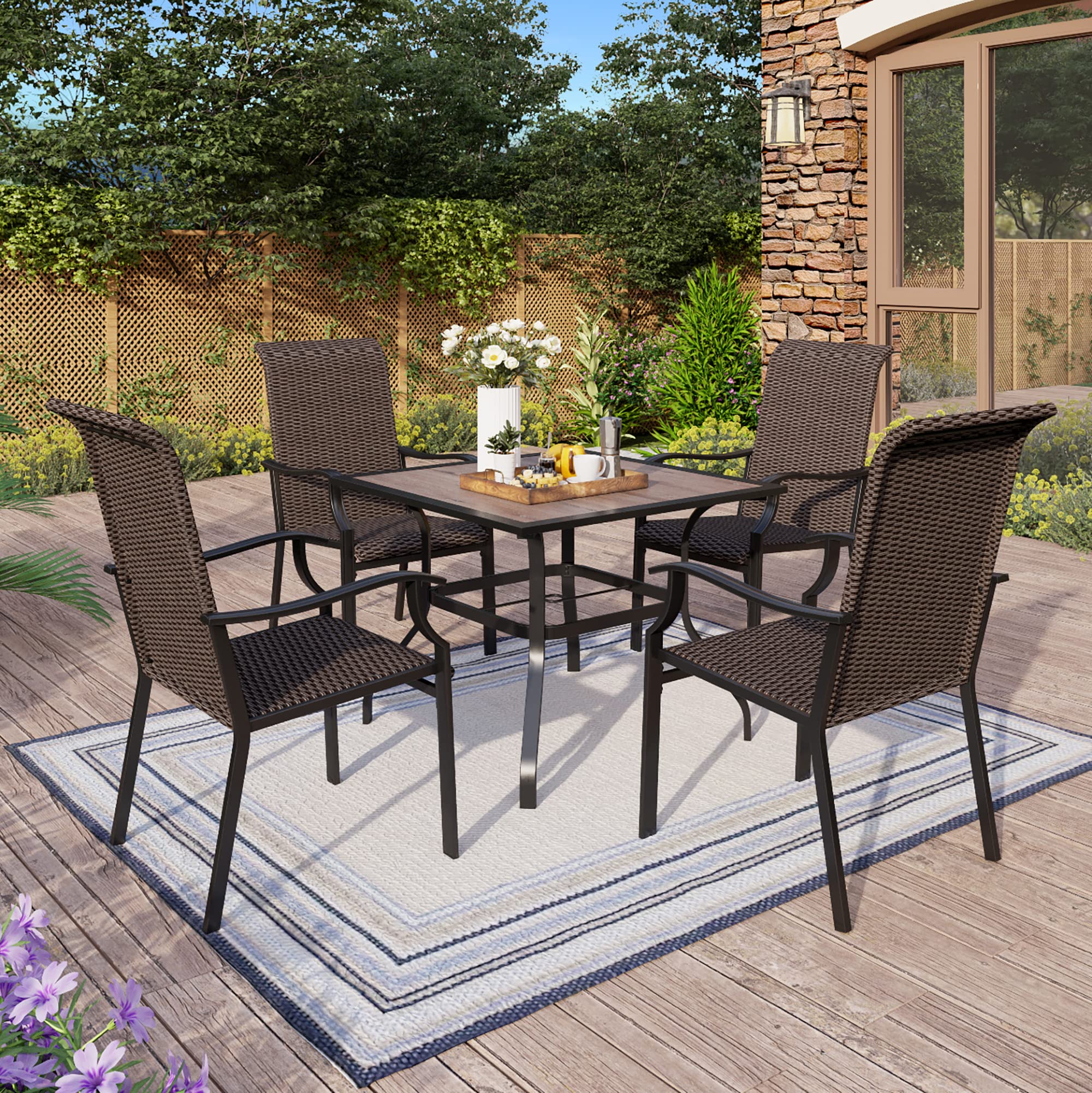 MFSTUDIO 5-Piece Outdoor Patio Dining Set - Square Wood-Like Table with 4 Rattan Wicker Chairs, Umbrella Hole Included - Perfect for Backyard, Garden, Poolside & Outdoor Entertaining