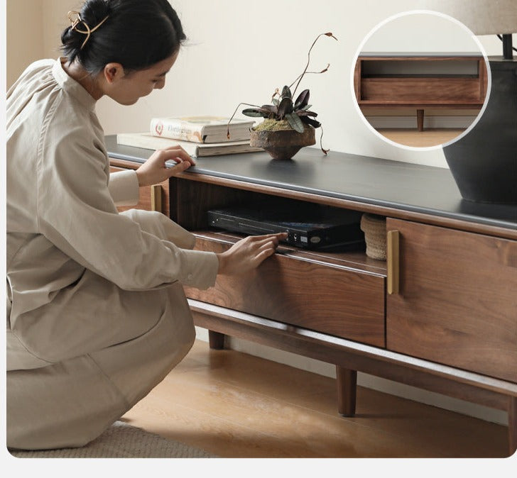 Premium Black Walnut Solid Wood TV Stand Cabinet with Storage - Modern Entertainment Center for Living Room, Home Theater & Media Organization