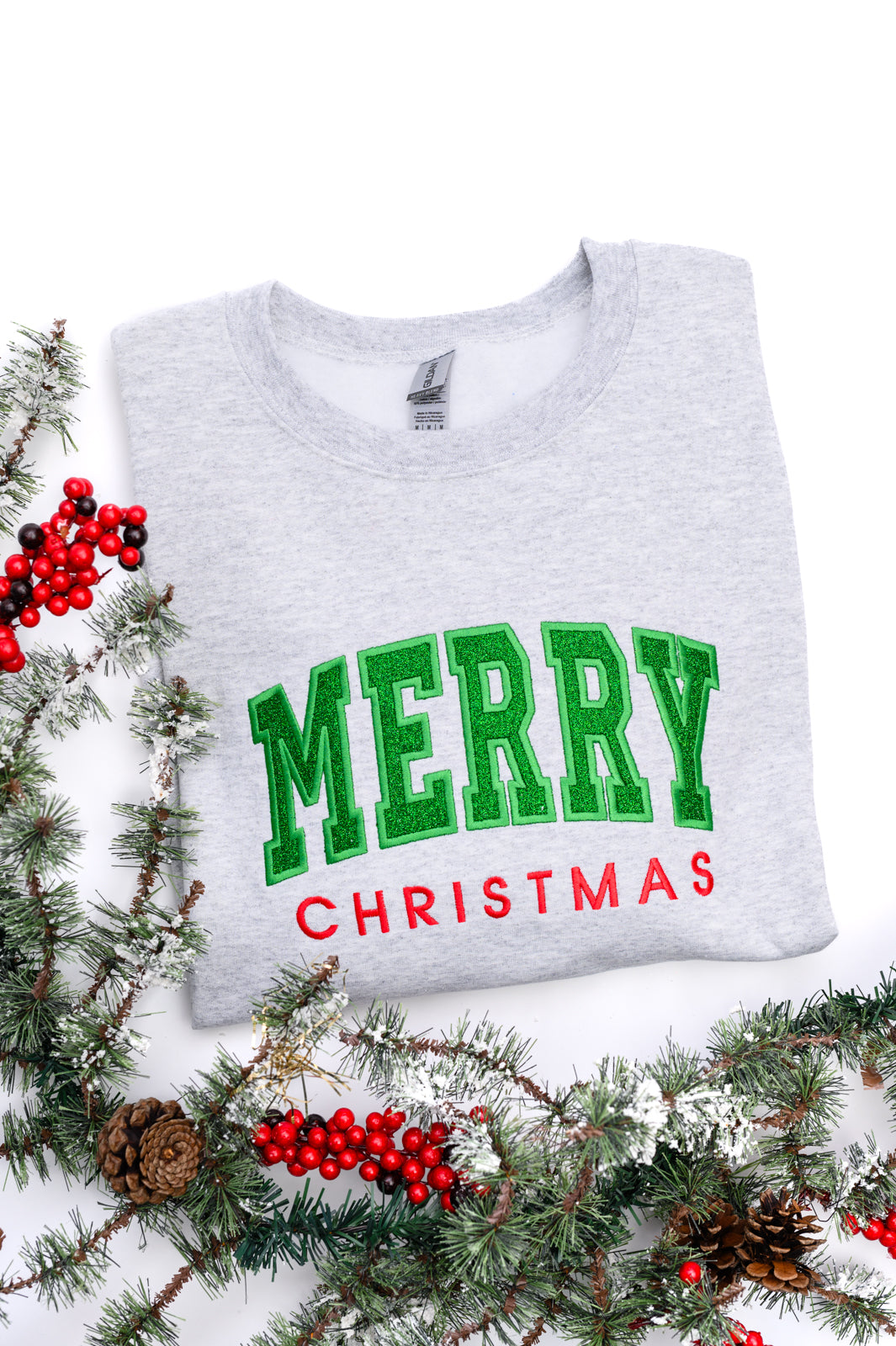 Embroidered Merry Christmas Glitter Applique Sweatshirt - Festive Holiday Pullover for Women | Perfect for Christmas Parties, Family Gatherings & Winter Outfits