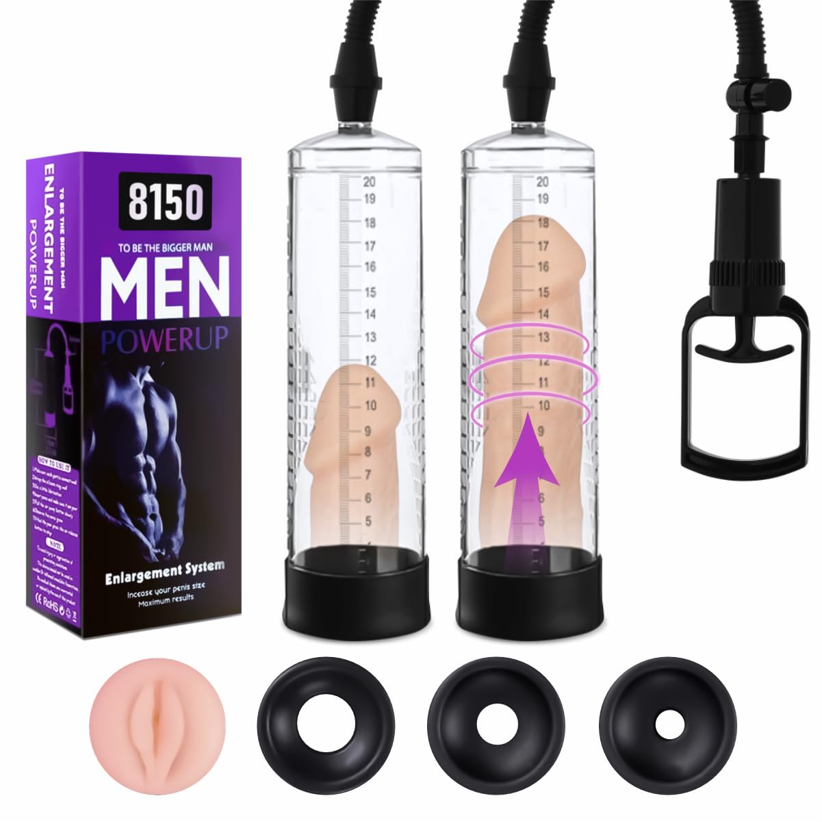 Premium Manual Vacuum Penis Pump Set for Enlargement - 3 Silicone Sleeves (Different Sizes) + Vagina Sleeve | Men's Adult Sex Toy for Couples | Enhance Intimacy & Performance in Bedroom