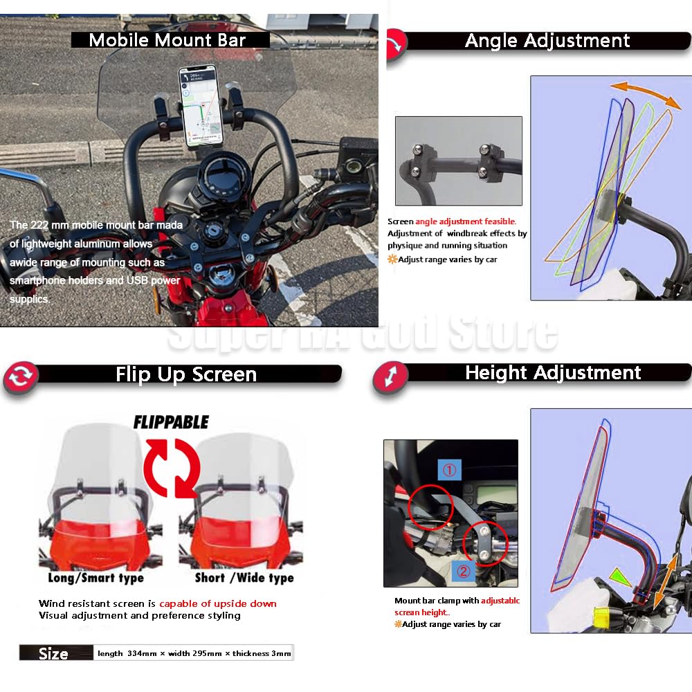 RAIMTO Universal Motorcycle Windscreen for Kawasaki KLX 230/230S - Adjustable Adventure Windshield with Portable Navigation Stand | Perfect for Off-Road Riding & Long-Distance Touring