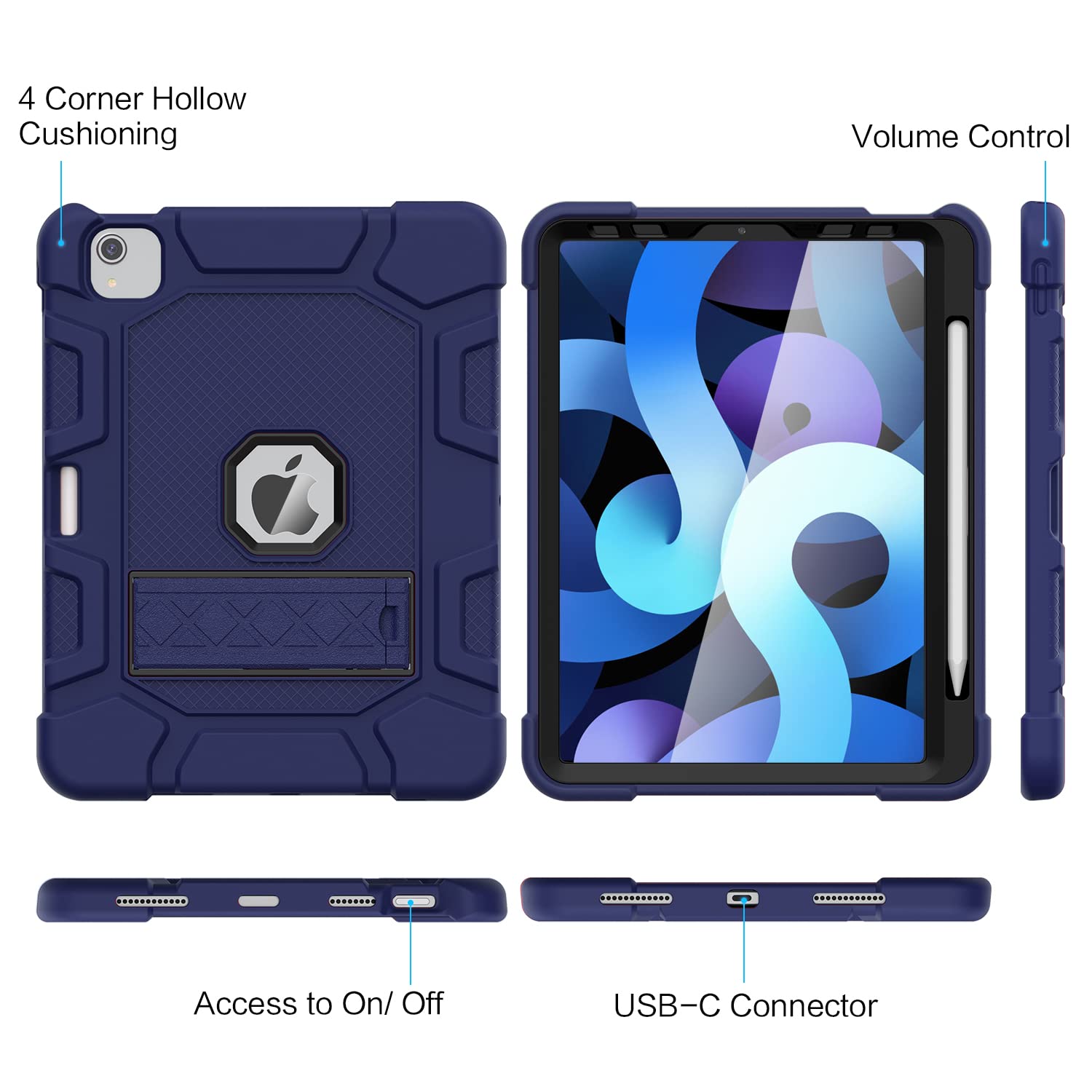 Shockproof Rugged Protective Case for iPad Air 5th/4th Gen 10.9 Inch (2022/2020) - Navy Blue Kids Case with Apple Pencil 2nd Gen Charging Support | Perfect for School, Travel & Outdoor Activities