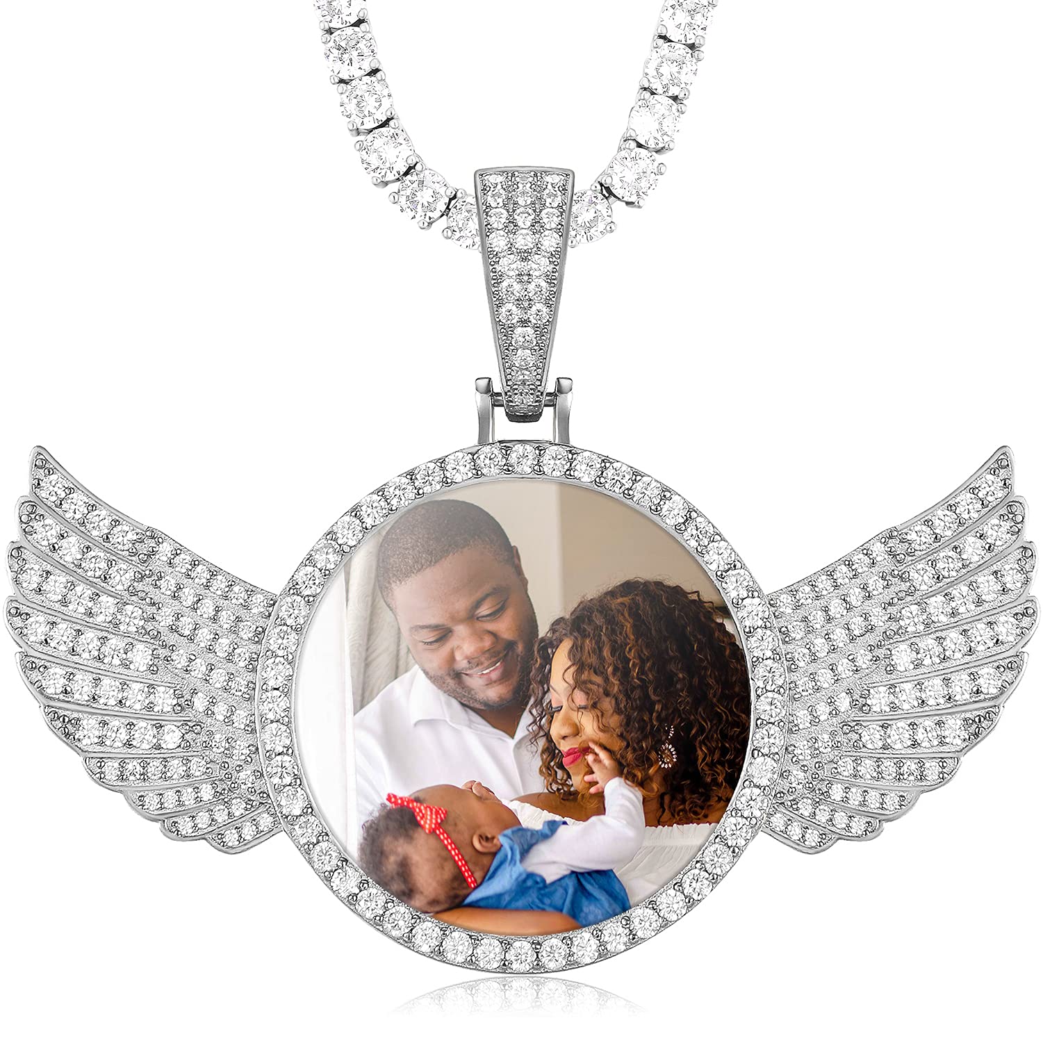 925 Sterling Silver Custom Photo Necklace with Wings - Personalized Memorial Pendant for Women & Men - Engravable Picture Jewelry with Gift Box - Perfect for Anniversaries, Birthdays & Hip Hop Fashion