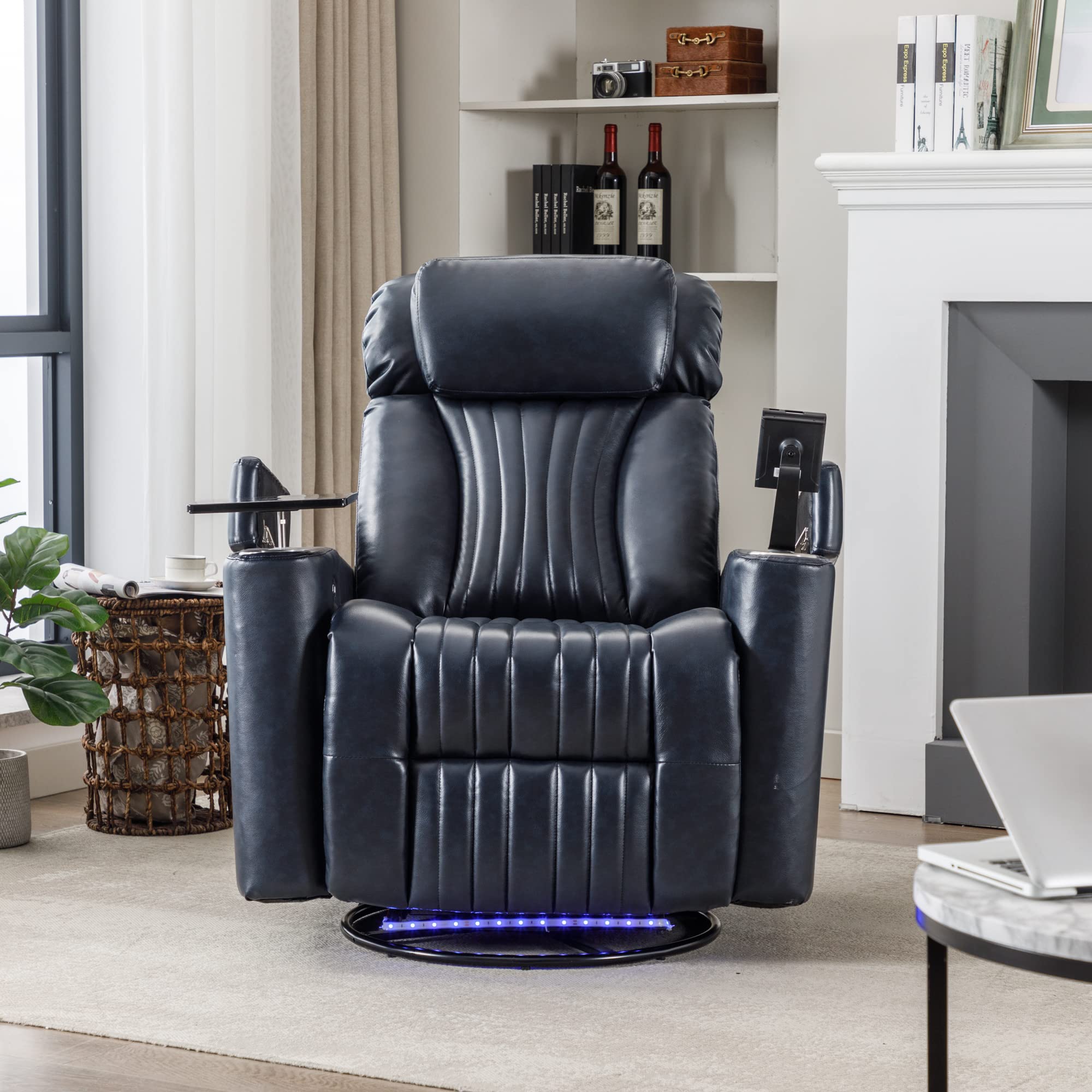 P PURLOVE 270° Power Swivel Recliner Home Theater Seating with LED Lights, Hidden Arm Storage, Cup Holder & 360° Swivel Tray - Blue | Modern PU Leather Power Recliner with Phone Holder for Living Room, Home Cinema & Gaming Setup