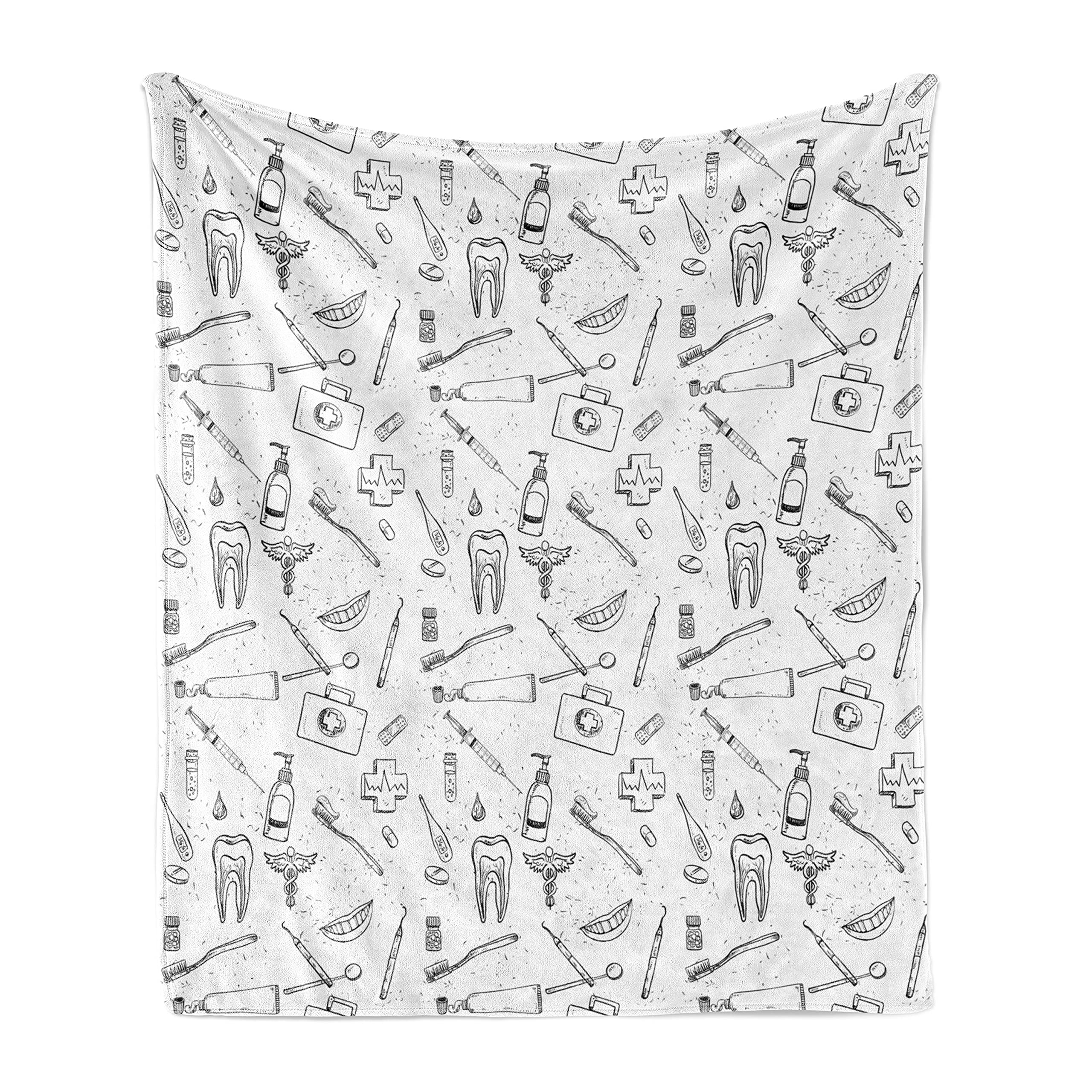 Ambesonne Hipster Throw Blanket - Hand Drawn Dental Hygiene Pattern, Soft Flannel Fleece Couch Cover for Adults, 50