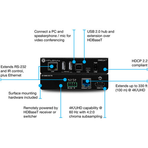 Atlona® AT-OME-EX-TX Omega 4K/UHD HDMI Over HDBaseT Transmitter with USB, Control & PoE - Professional AV Solution for Conference Rooms, Digital Signage & Home Theaters