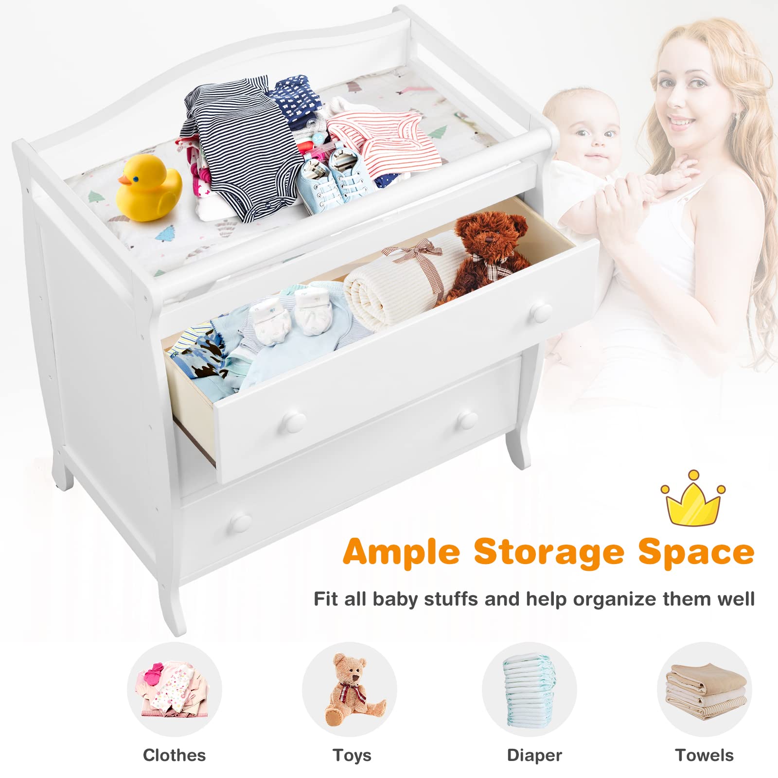 Costzon 3-Drawer Baby Changing Table with Safety Rails & Strap - White Nursery Dresser for Diaper Changing Station, Easy Assembly - Perfect for Newborn Care & Nursery Organization