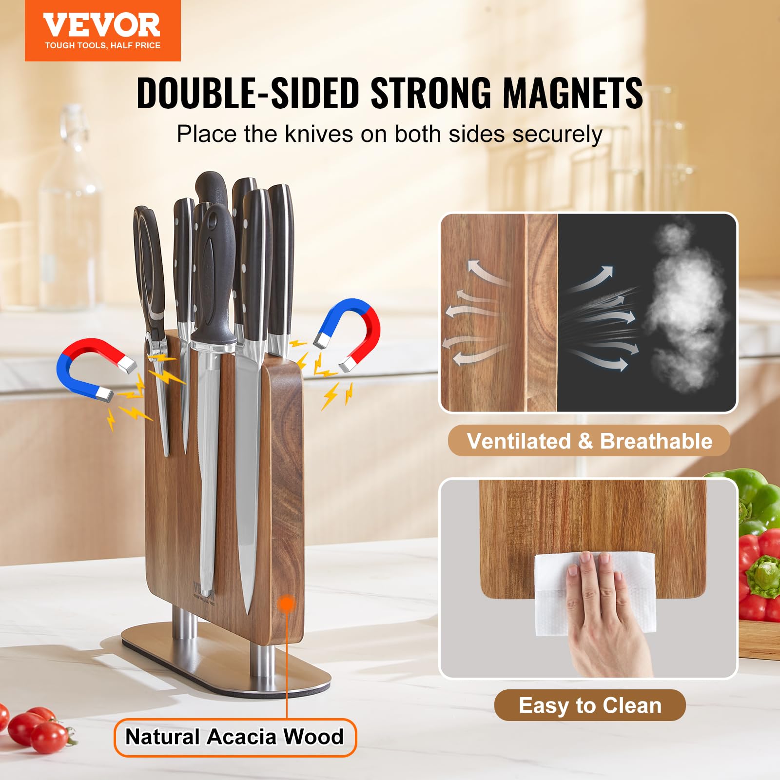 VEVOR 10-Inch Magnetic Knife Block - Double Sided Acacia Wood Knife Holder for Kitchen, Cutlery Display & Storage Organizer - Perfect Christmas Gift for Home Chefs & Cooking Enthusiasts (Great for Countertop Organization & Stylish Kitchen Decor)