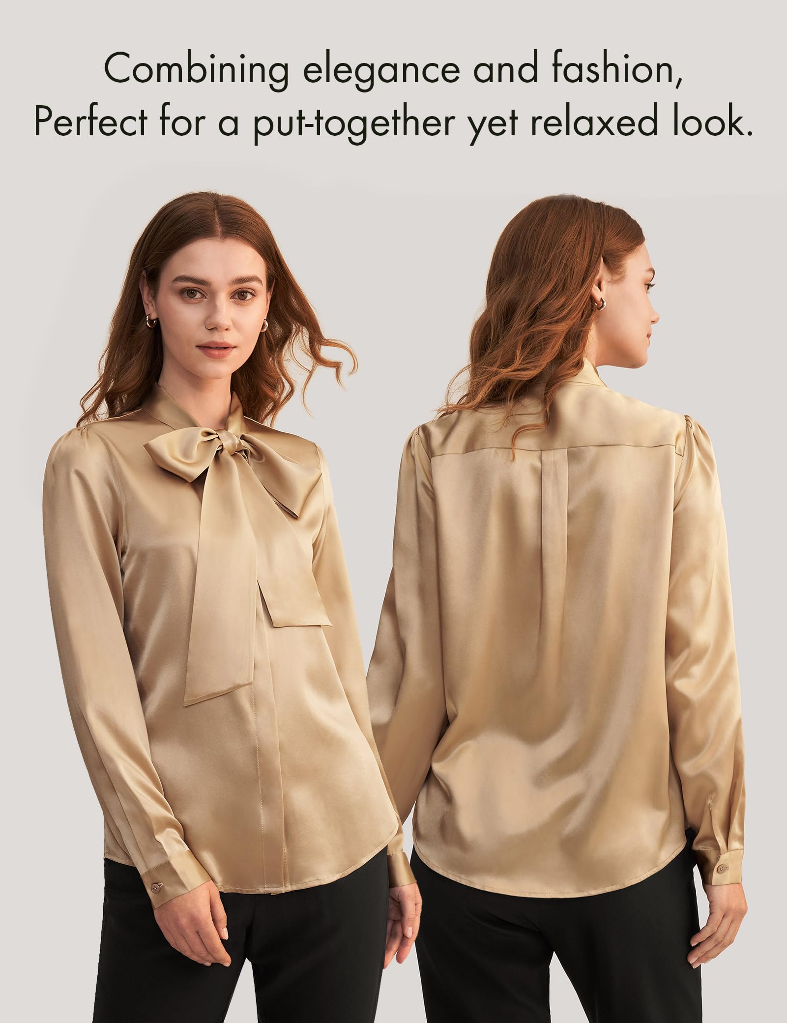LilySilk Women's Vintage Bow-Tie Neck Silk Blouse - Long Sleeve Button Down Real Silk Shirt for Office, Party & Special Occasions