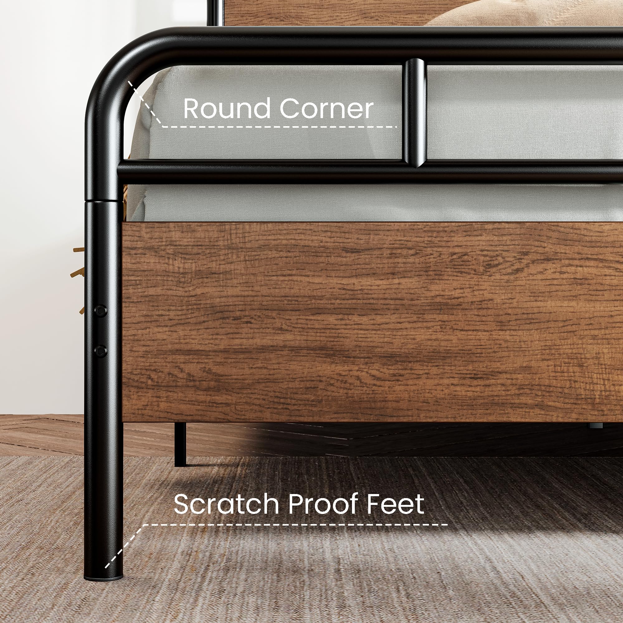 SHA CERLIN Queen Size Bed Frame with Wooden Headboard & Footboard - Sturdy Metal Frame, Heavy Duty Slats, Under-Bed Storage - No Box Spring Needed - Walnut Finish - Perfect for Bedroom, Guest Room & Small Spaces